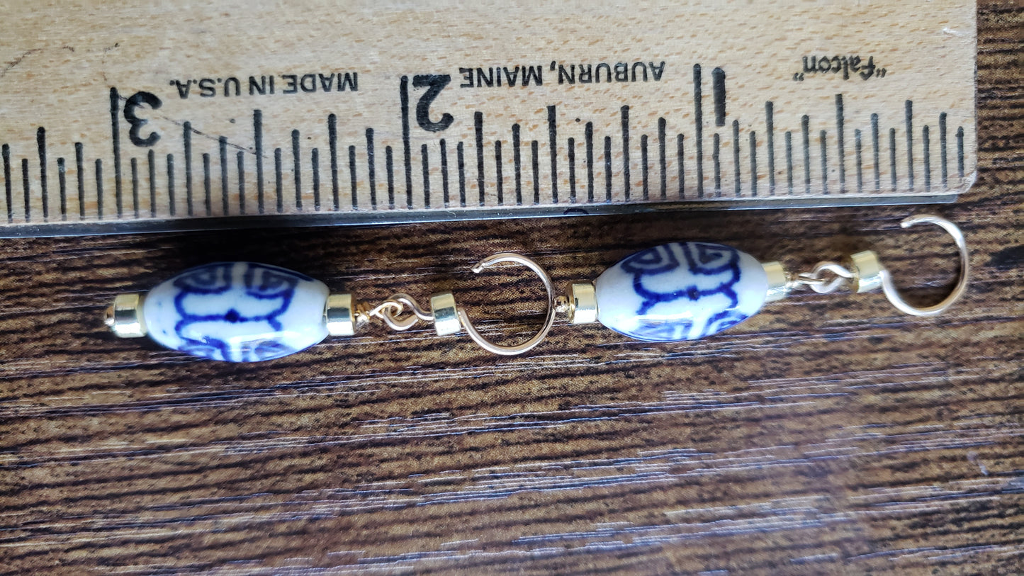 Delicate Ceramic Blue and White Drop Earrings | 14k Gold Filled ear wires