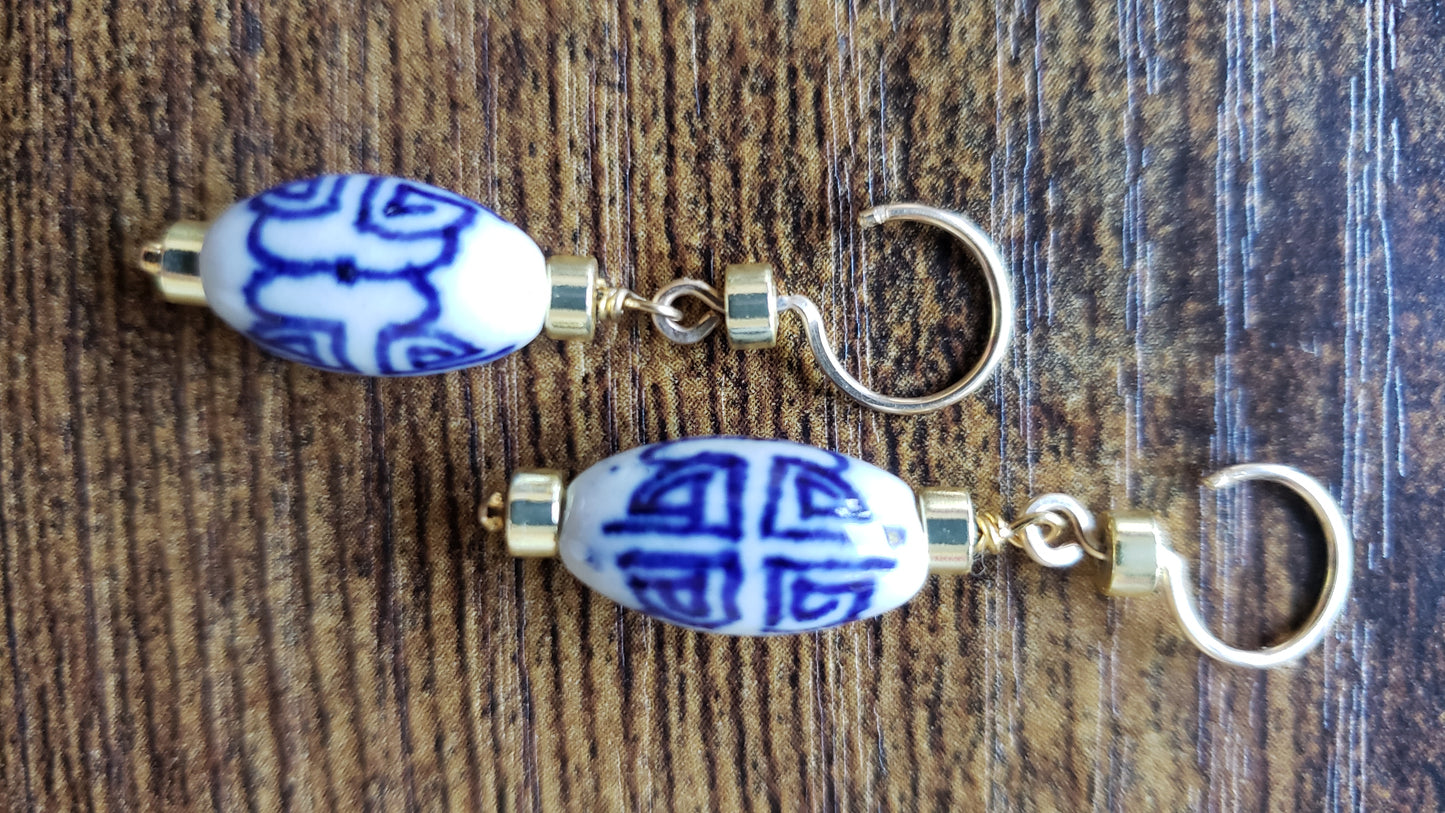 Delicate Ceramic Blue and White Drop Earrings | 14k Gold Filled ear wires