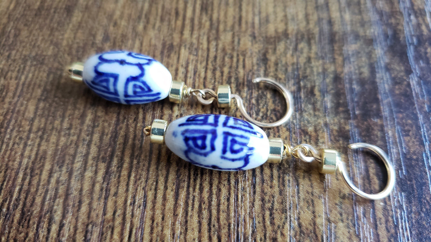 Delicate Ceramic Blue and White Drop Earrings | 14k Gold Filled ear wires