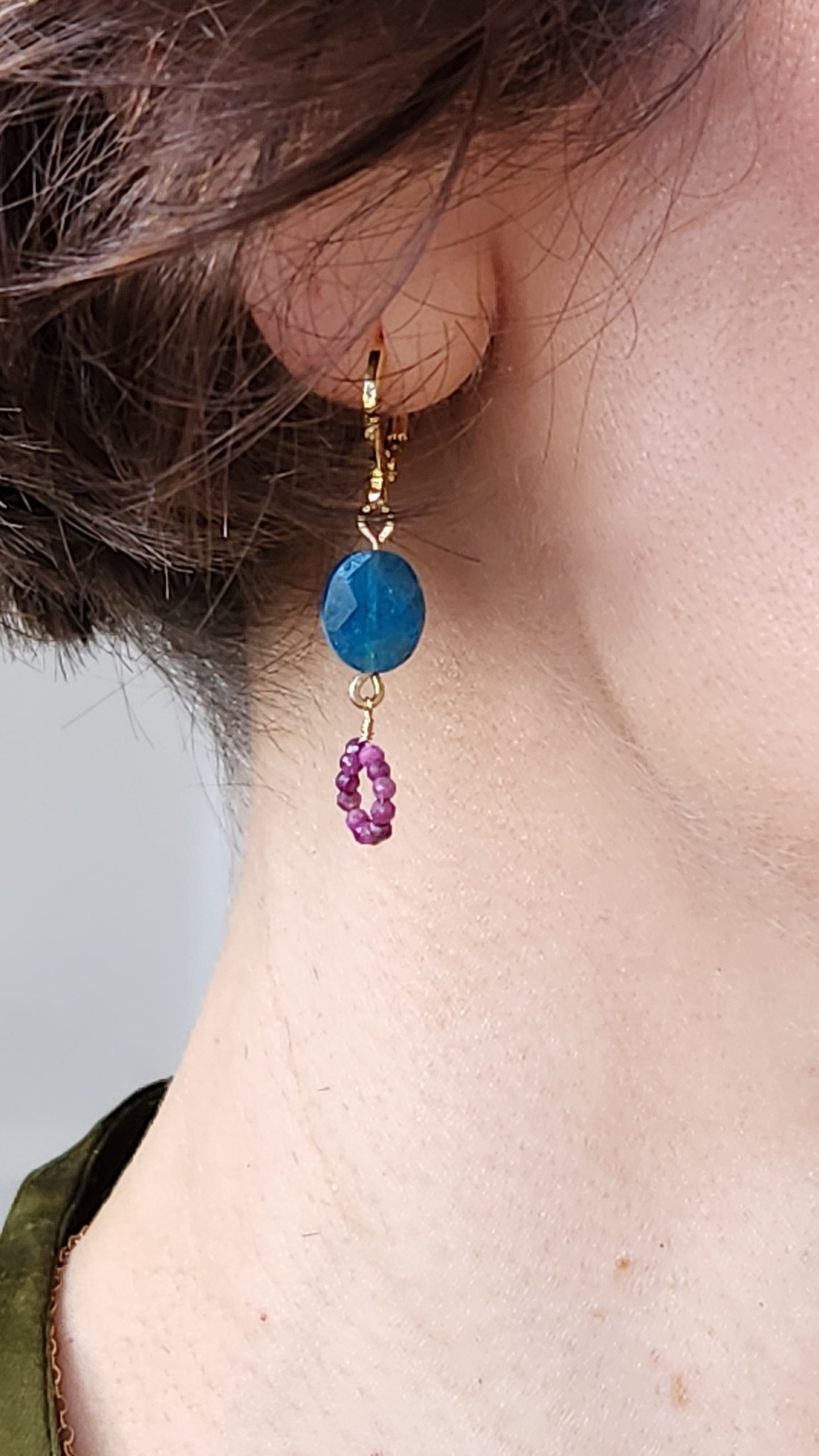 Mimi Blue Apatite and Ruby Earrings 14k Gold plated Ear Clasps
