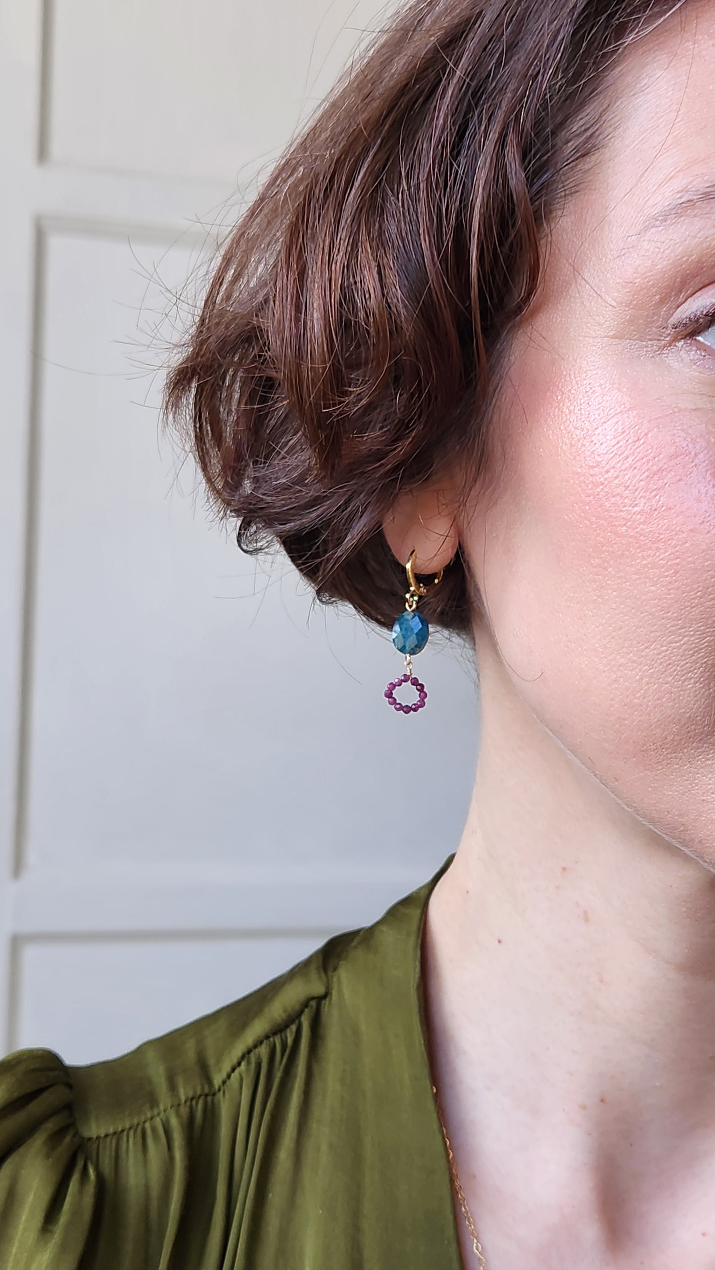 Mimi Blue Apatite and Ruby Earrings 14k Gold plated Ear Clasps