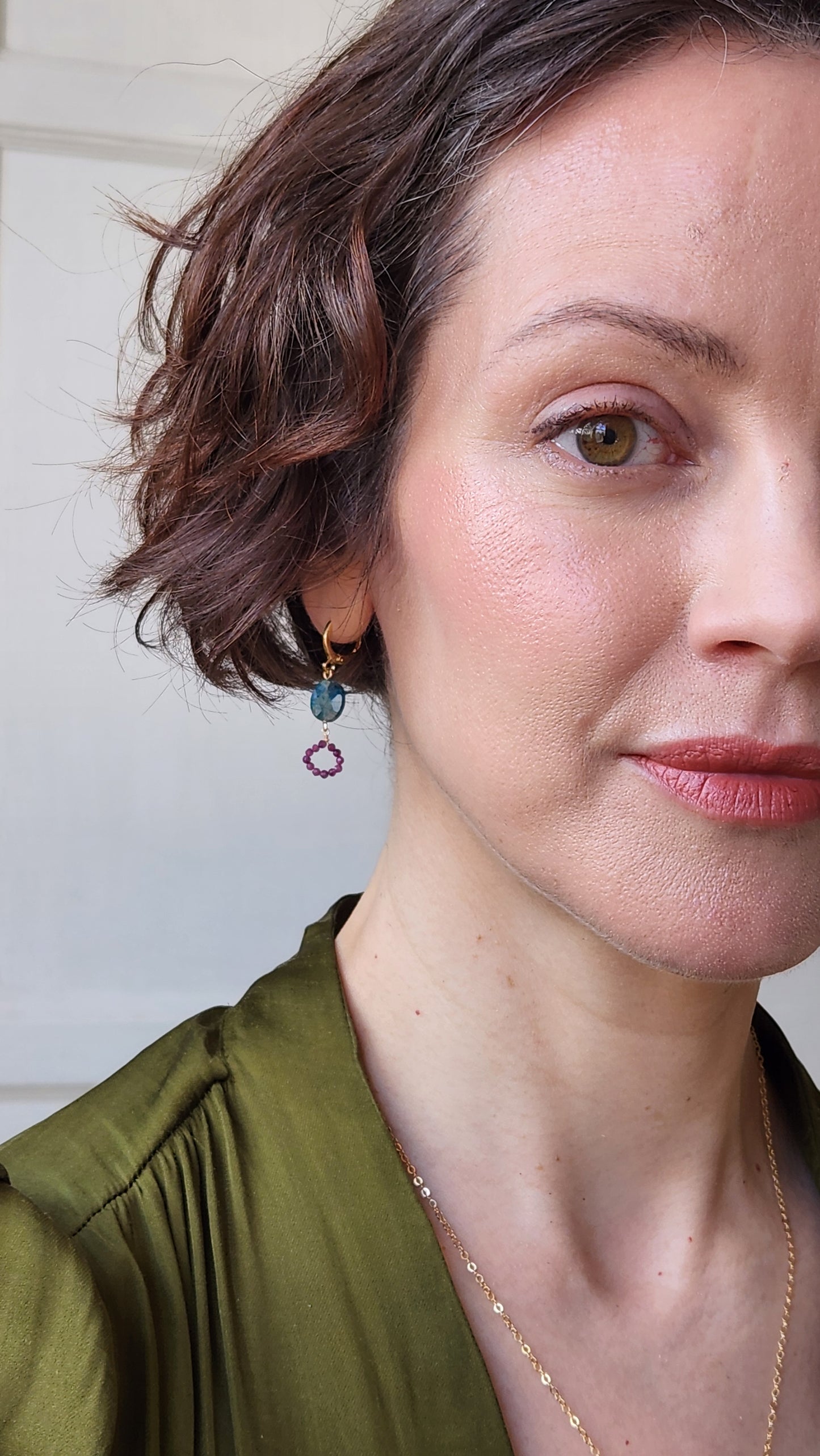 Mimi Blue Apatite and Ruby Earrings 14k Gold plated Ear Clasps