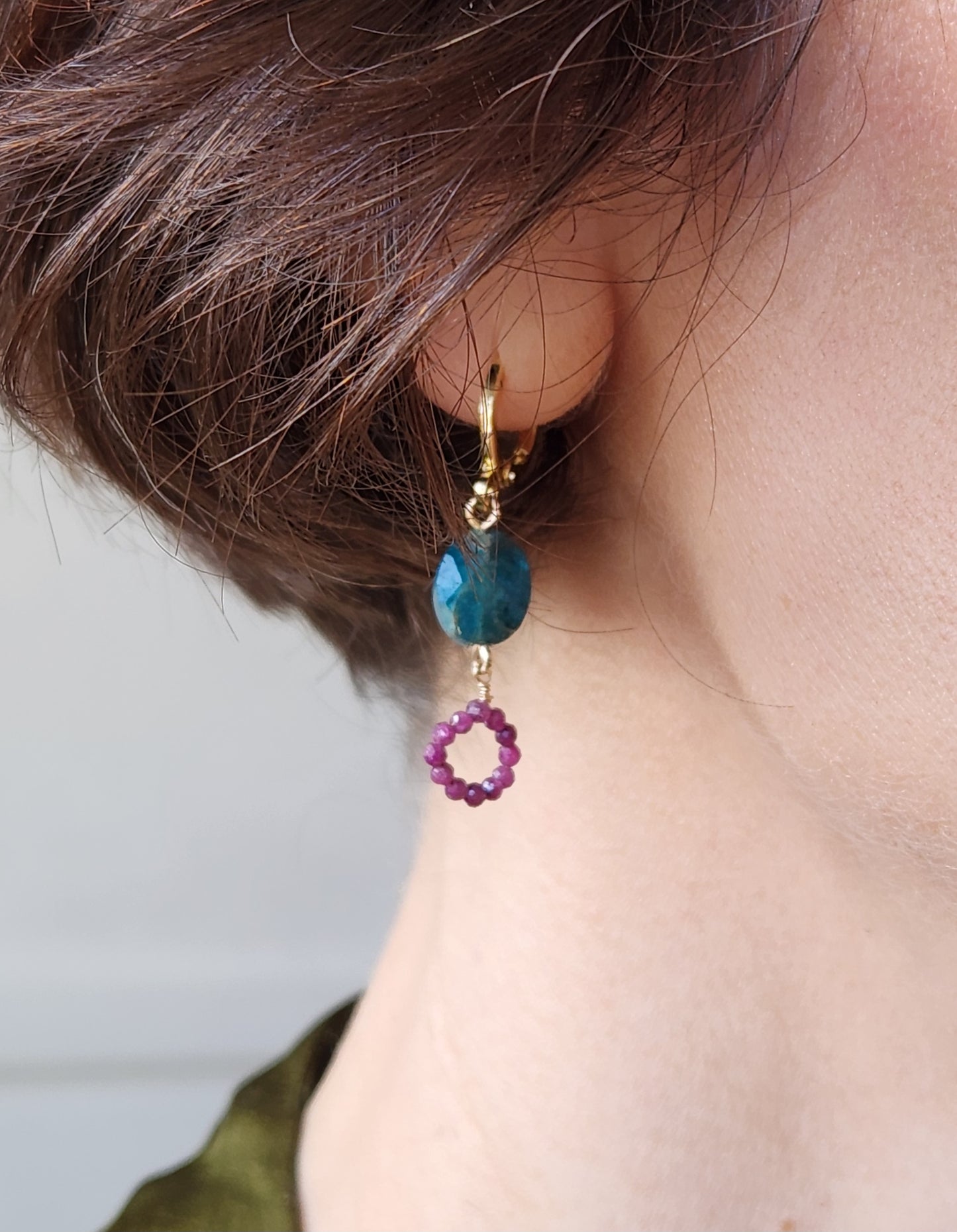 Mimi Blue Apatite and Ruby Earrings 14k Gold plated Ear Clasps