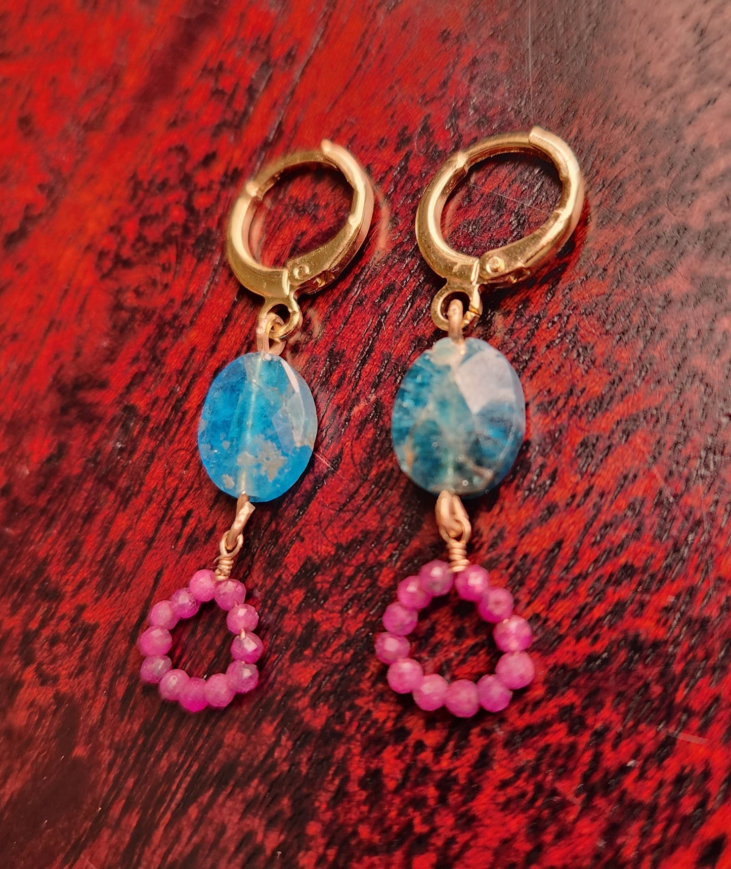 Mimi Blue Apatite and Ruby Earrings 14k Gold plated Ear Clasps