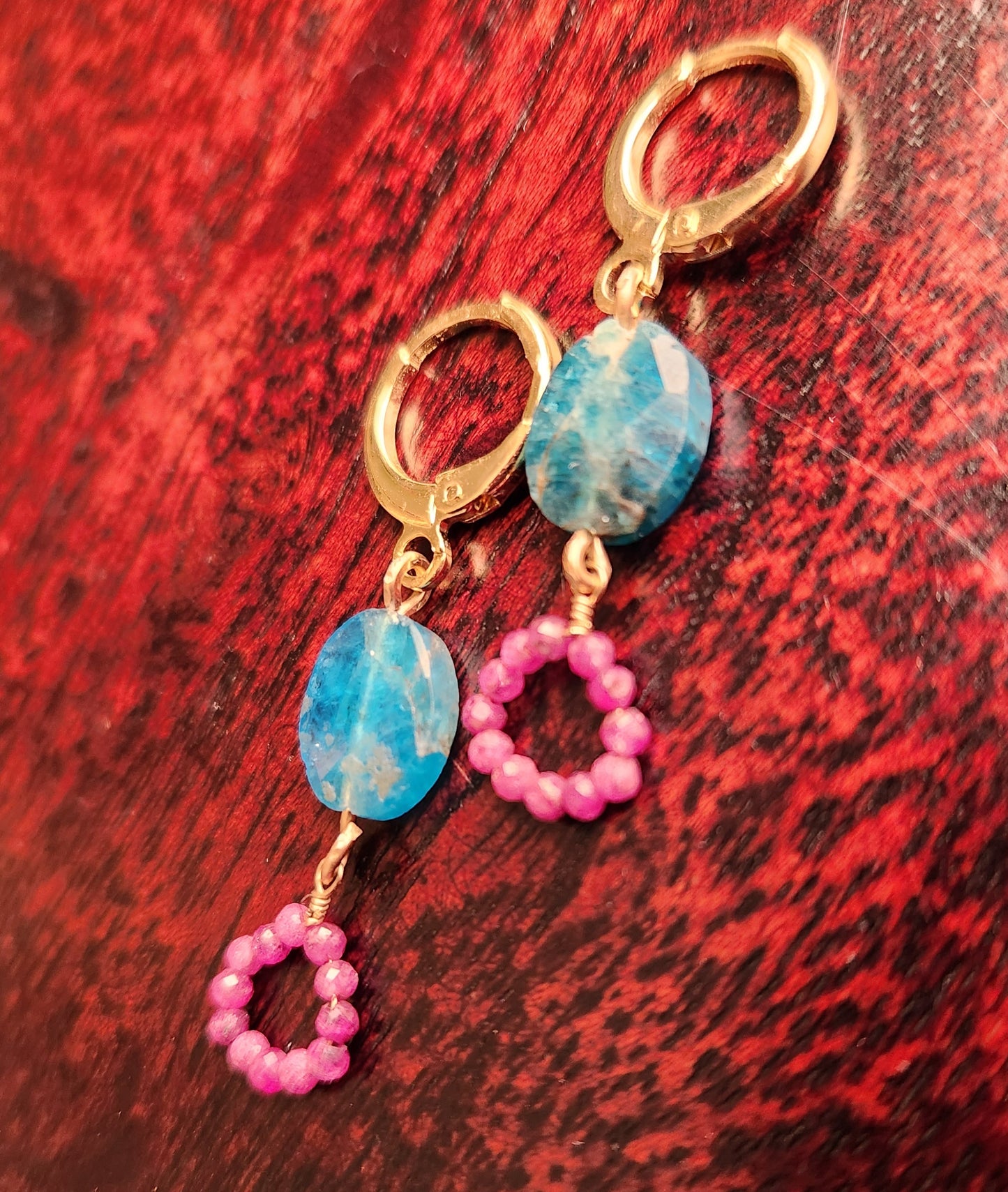 Mimi Blue Apatite and Ruby Earrings 14k Gold plated Ear Clasps