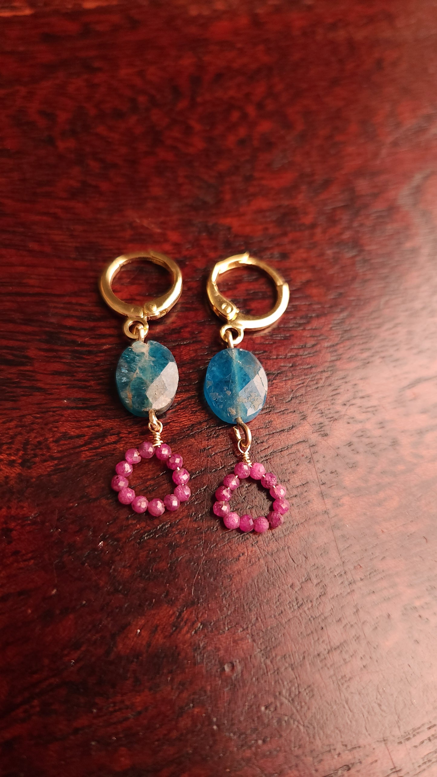 Mimi Blue Apatite and Ruby Earrings 14k Gold plated Ear Clasps