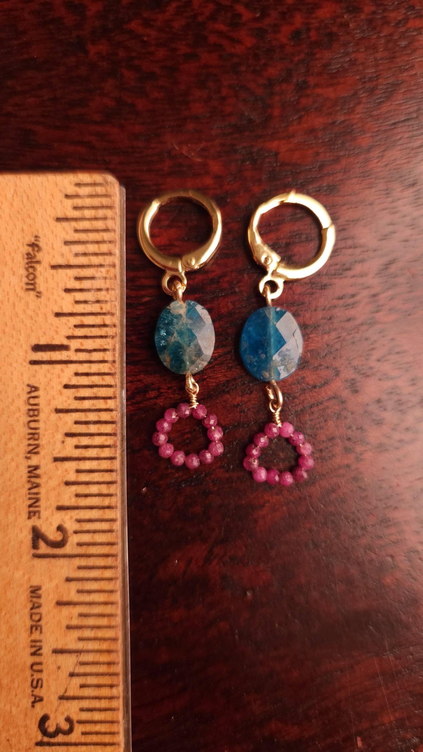 Mimi Blue Apatite and Ruby Earrings 14k Gold plated Ear Clasps