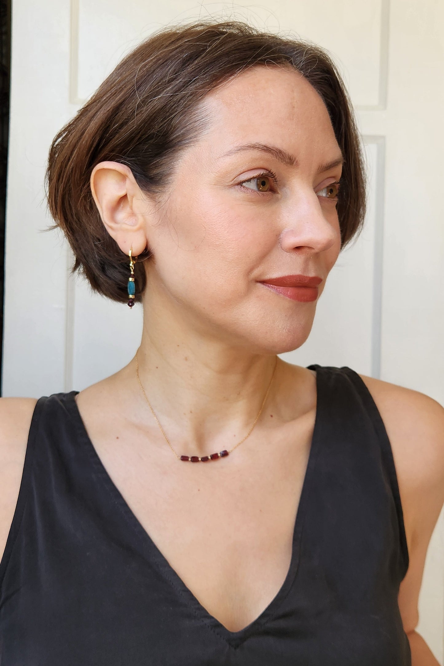 "Cosima" Garnet Row Necklace with 14k Gold-Filled Chain 15"