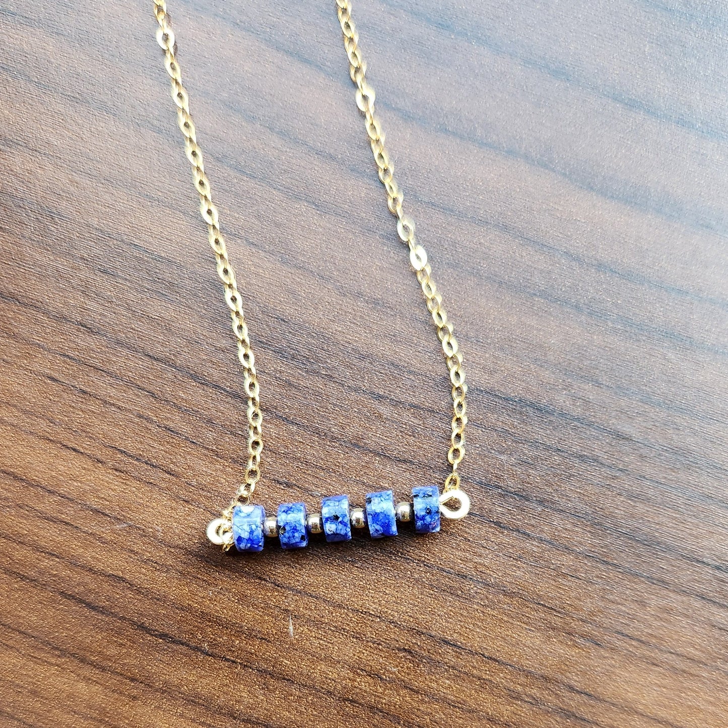 "Misha" Blue Lapis Row Necklace with 14k Gold-Filled Chain 15" inch