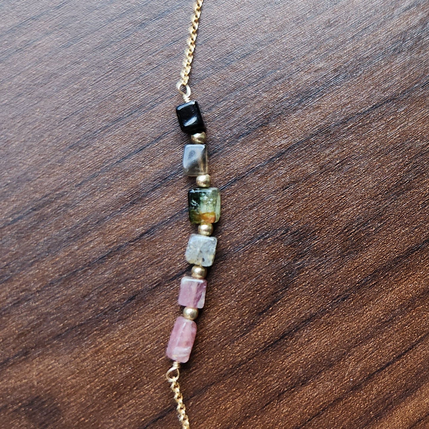 "Cosima" Tourmaline Row Necklace with 14k Gold-Filled Chain 15" Pink-Green-Black