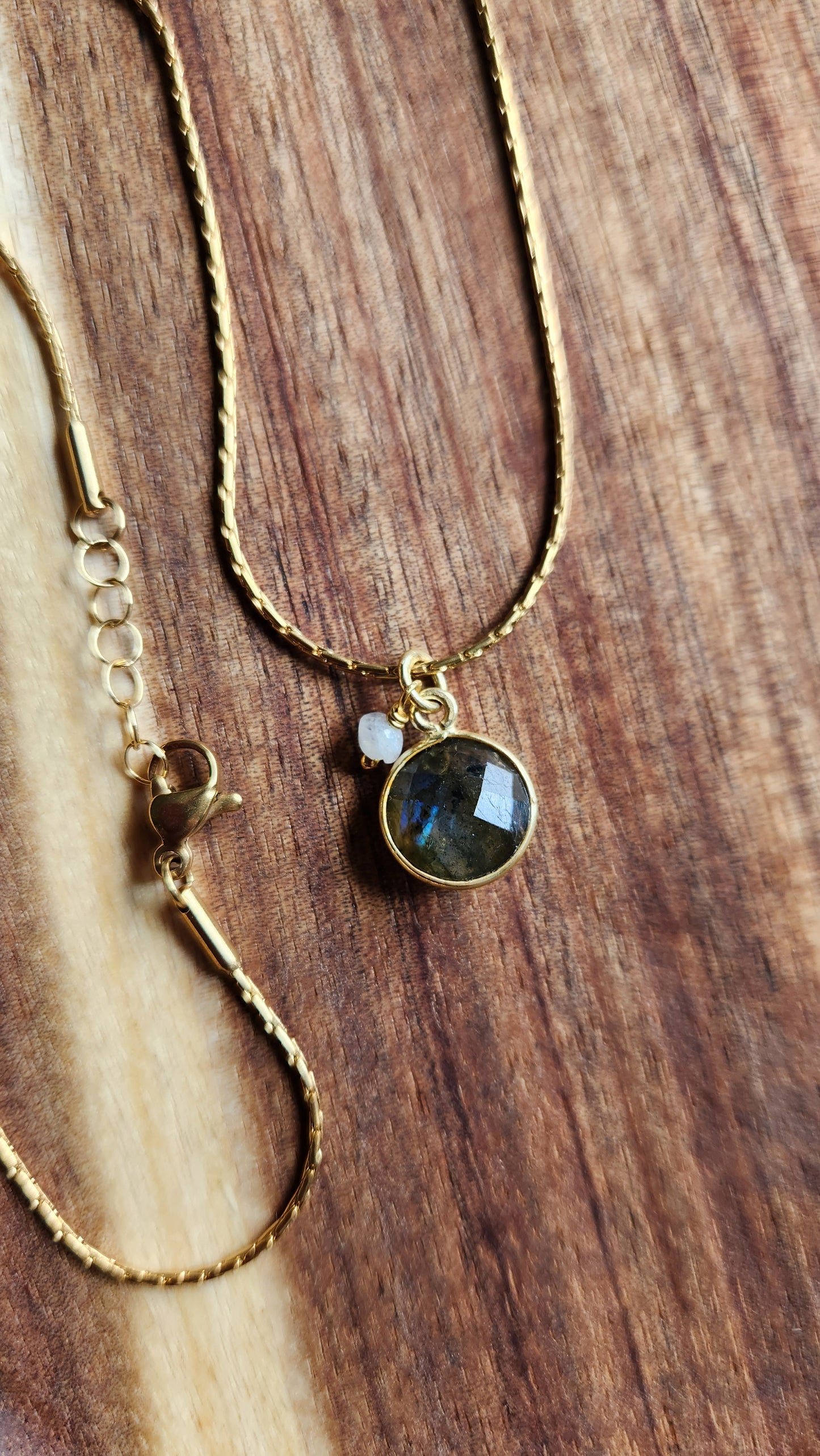 Earth and Moon Labradorite and Moonstone pendant necklace 18" Gold Plated Chain