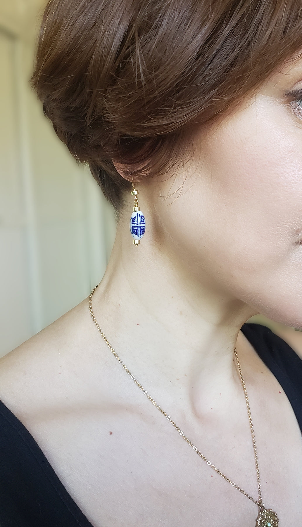 Delicate Ceramic Blue and White Drop Earrings | 14k Gold Filled ear wires