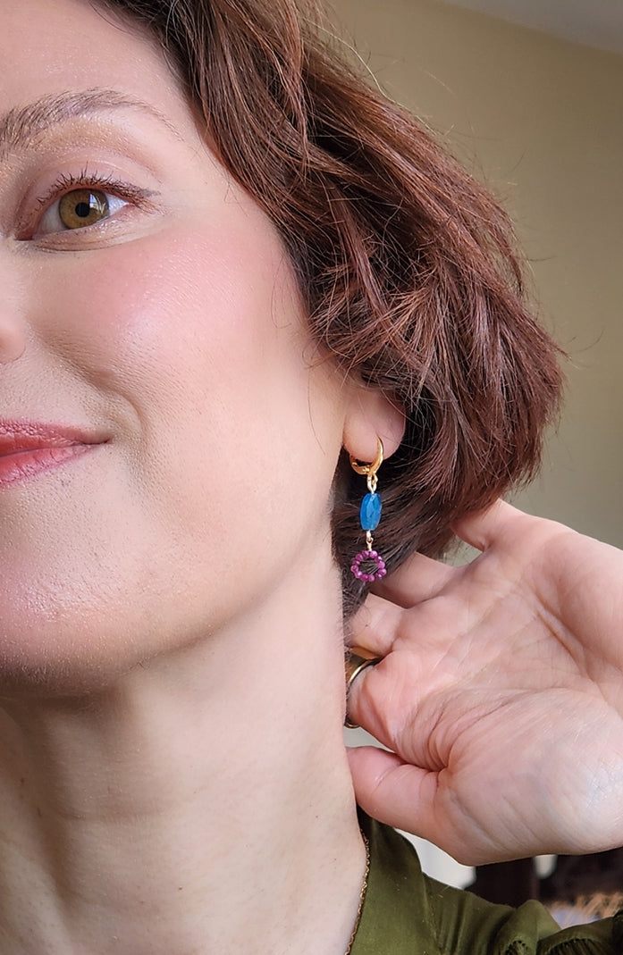 Mimi Blue Apatite and Ruby Earrings 14k Gold plated Ear Clasps