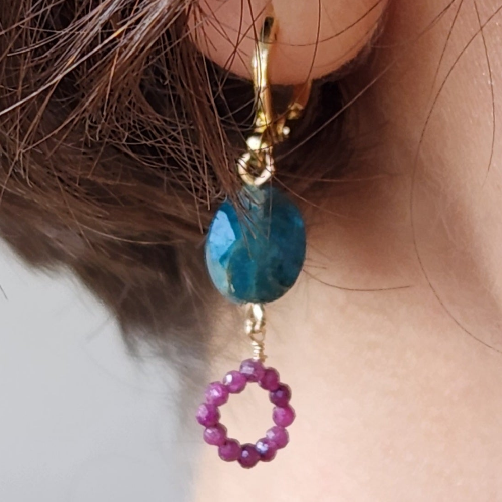 Mimi Blue Apatite and Ruby Earrings 14k Gold plated Ear Clasps