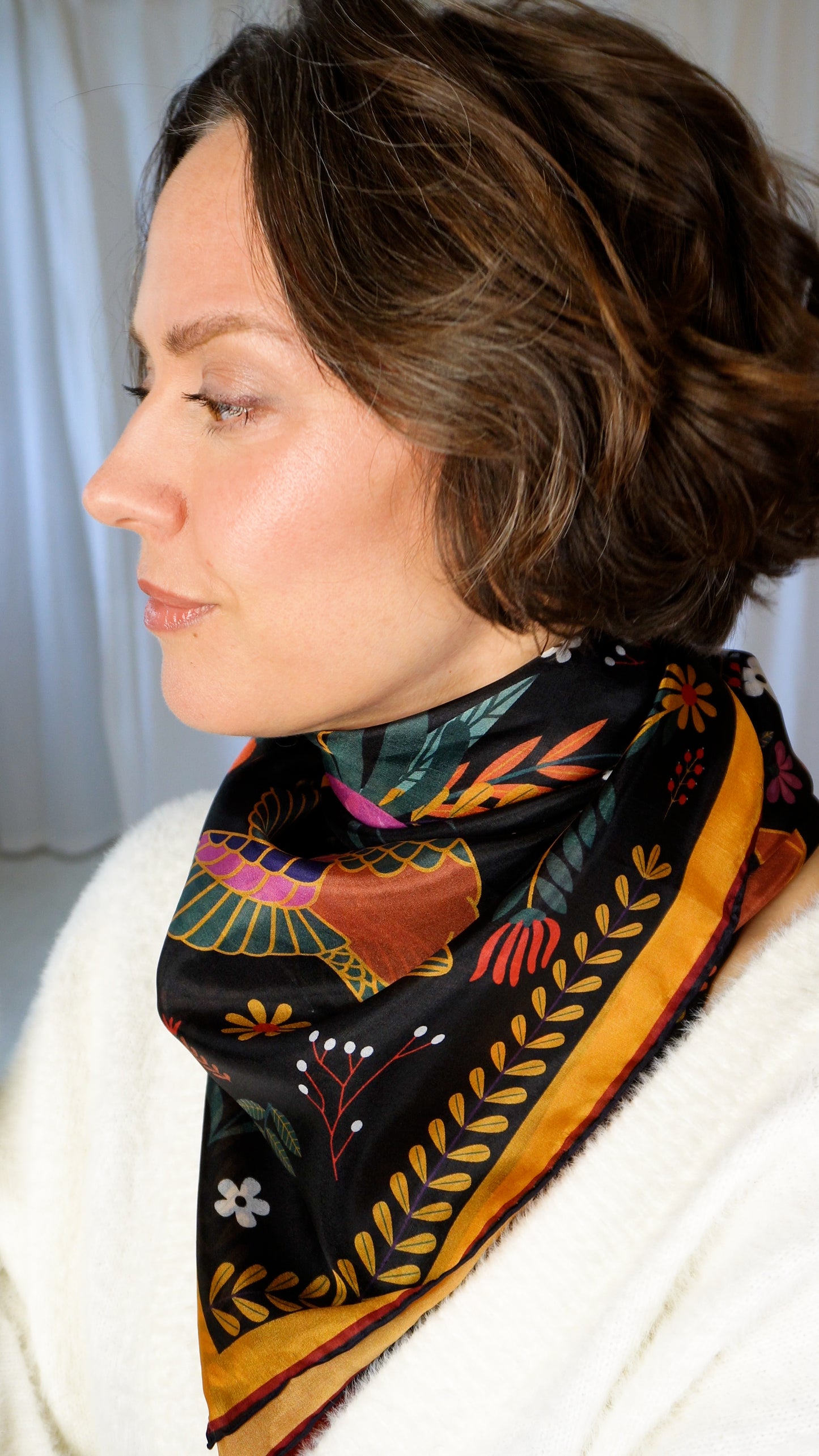 Aja 100% Silk Scarf | Midnight Garden | 39" Large Square | Lightweight