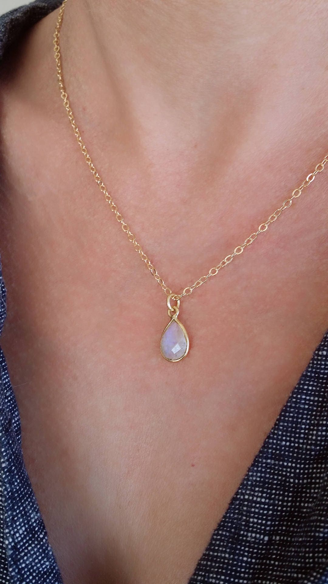 16" 14k Gold Filled Chain with Bezeled Moonstone Teardrop Pendant