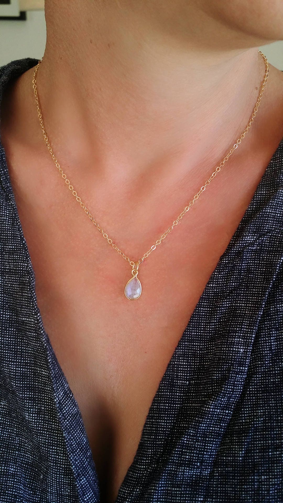 16" 14k Gold Filled Chain with Bezeled Moonstone Teardrop Pendant