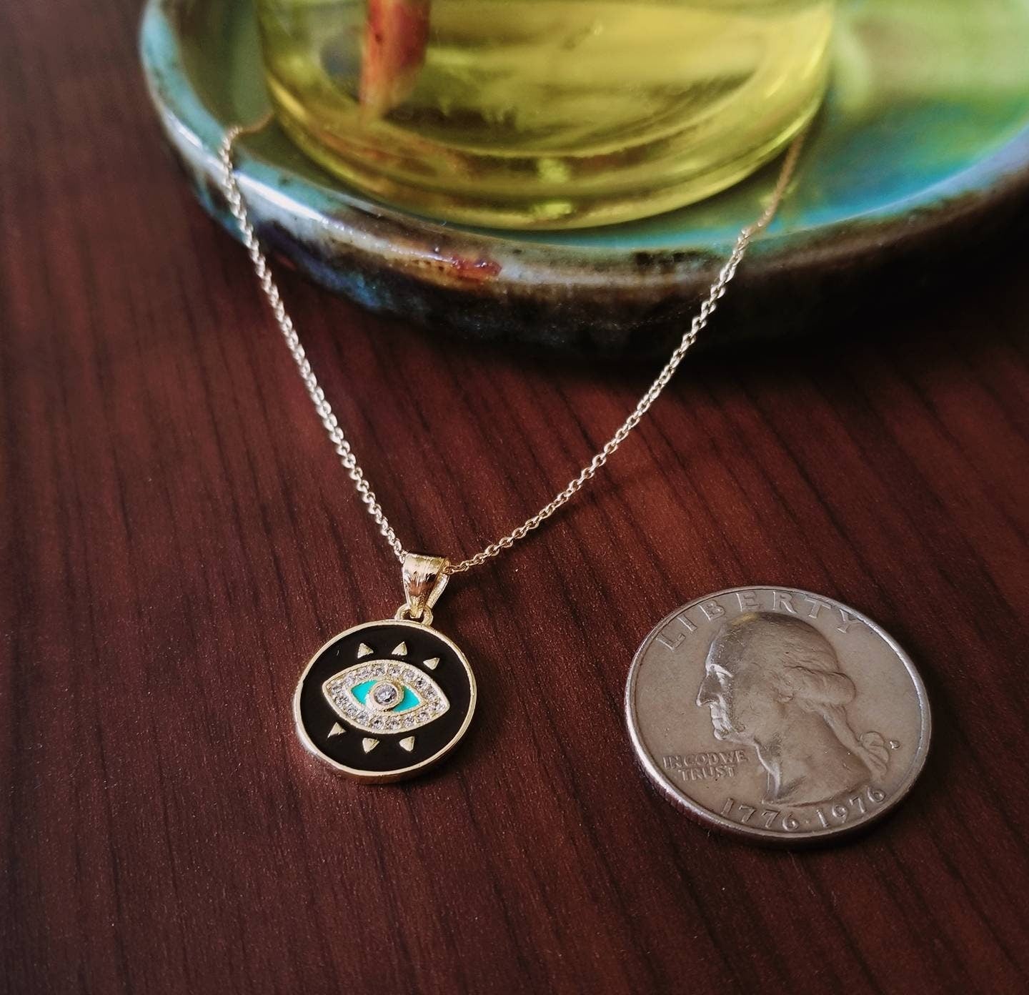 All-Seeing Eye, "Pantheon" Black Enamel necklace, 18" gold filled fine chain gold vermeil pendant