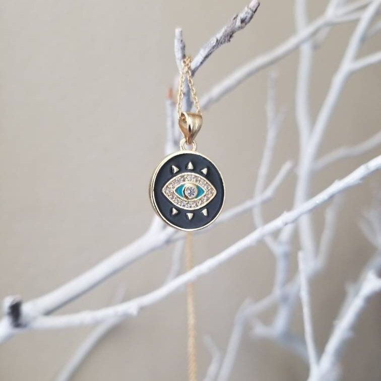 All-Seeing Eye, "Pantheon" Black Enamel necklace, 18" gold filled fine chain gold vermeil pendant