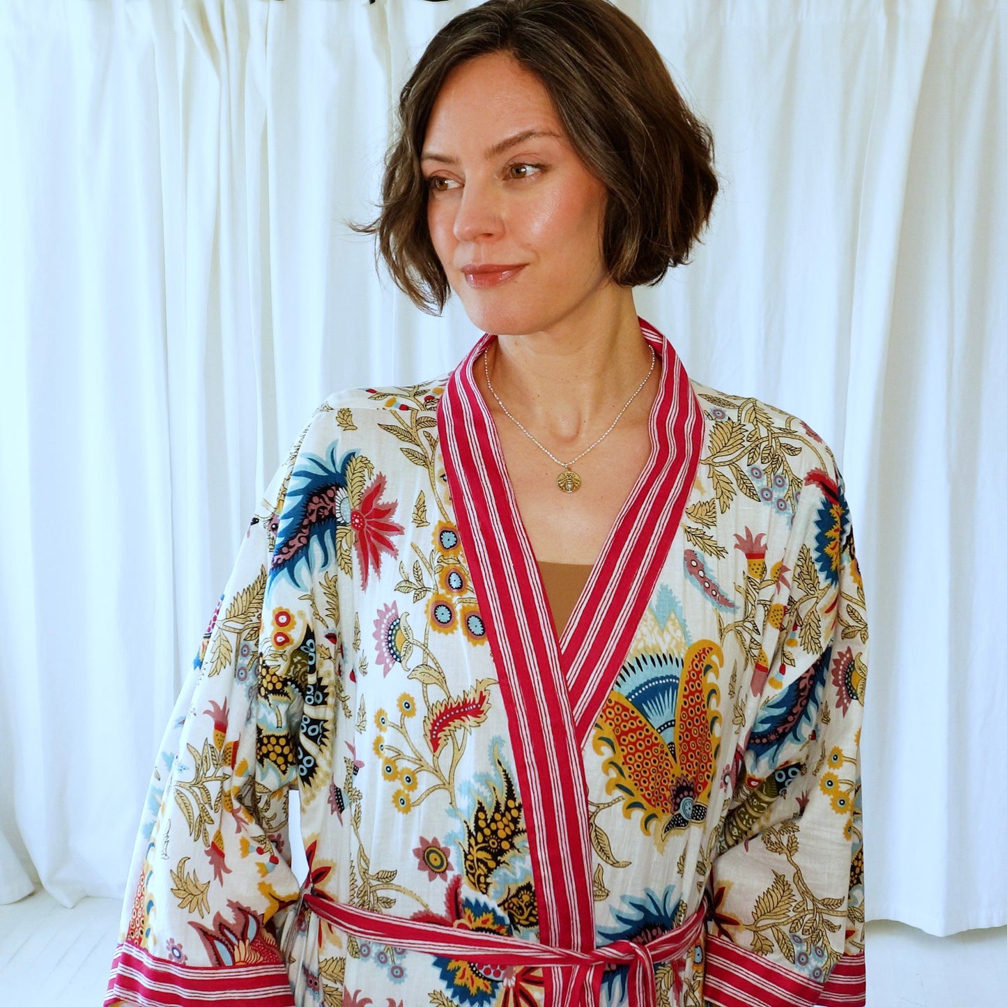 Miriam Pink White Floral Cotton Dressing Robe