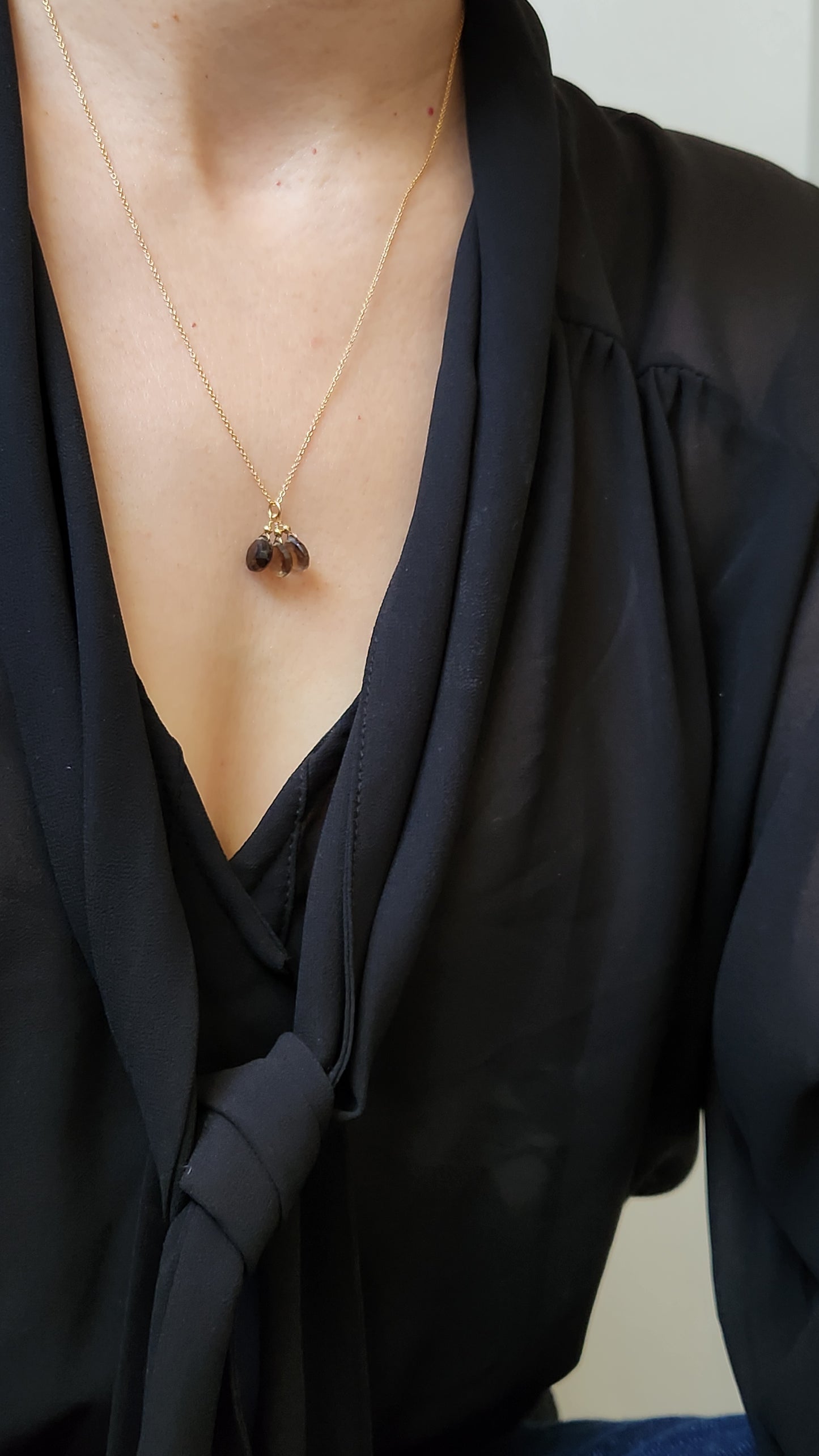 Smoky Quartz Trio Pendant 20" necklace 14k Gold Filled fine chain
