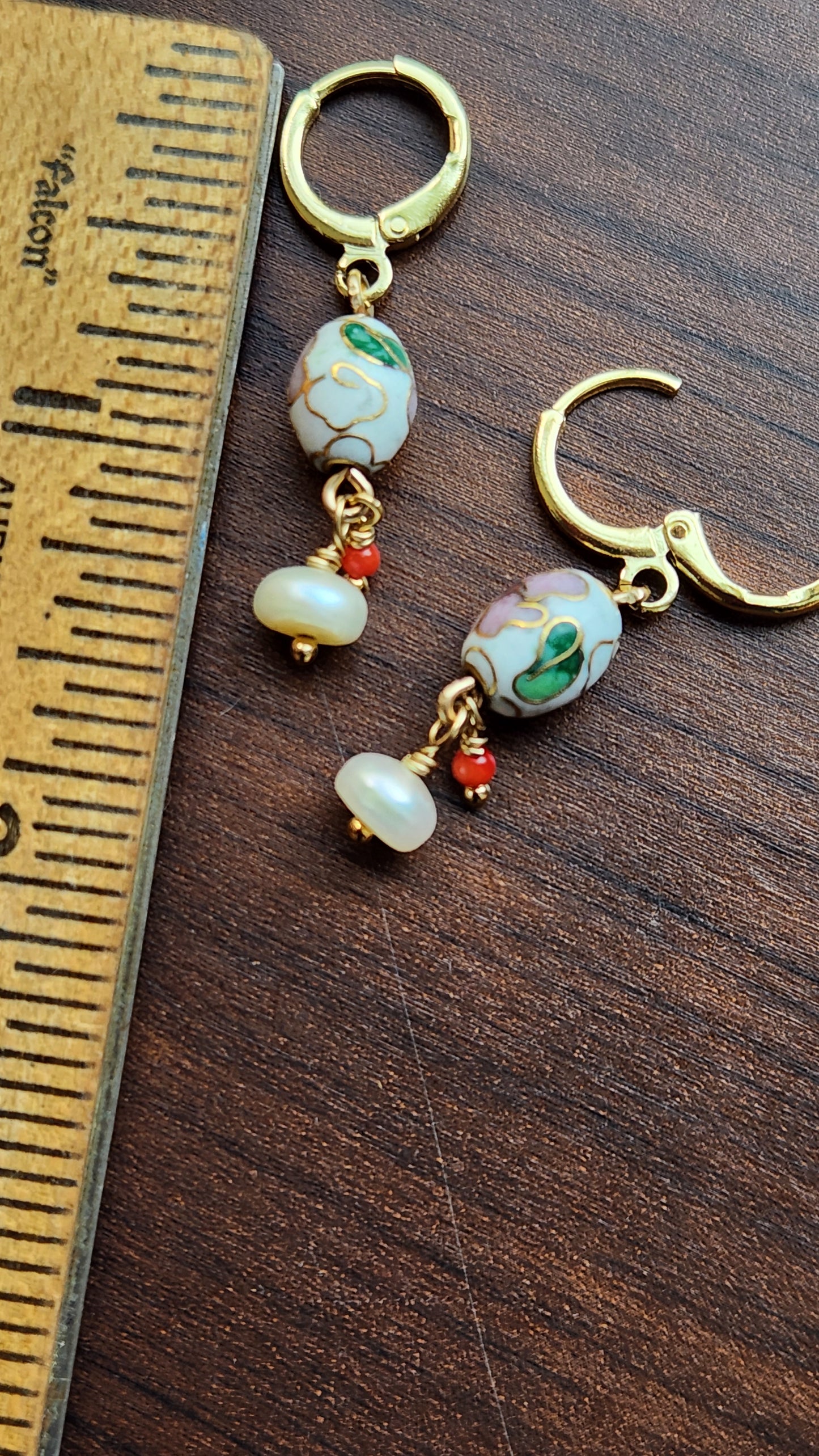Handmade Cloisonné Coral and Pearl dangle earrings (1.25" long) 18k Gold plated ear clasps
