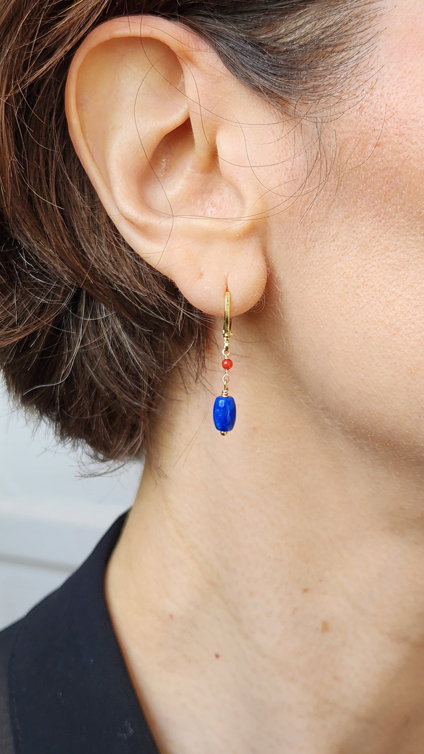 Handmade Blue Lapis and Coral dangle earrings (1.5" long) 18k Gold plated ear clasps