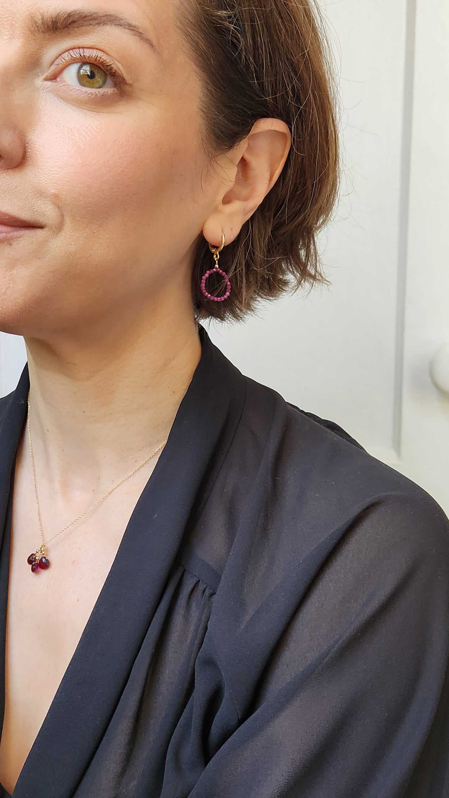 Handmade Ruby Circle dangle earrings (1.25" long) 18k Gold plated ear clasps