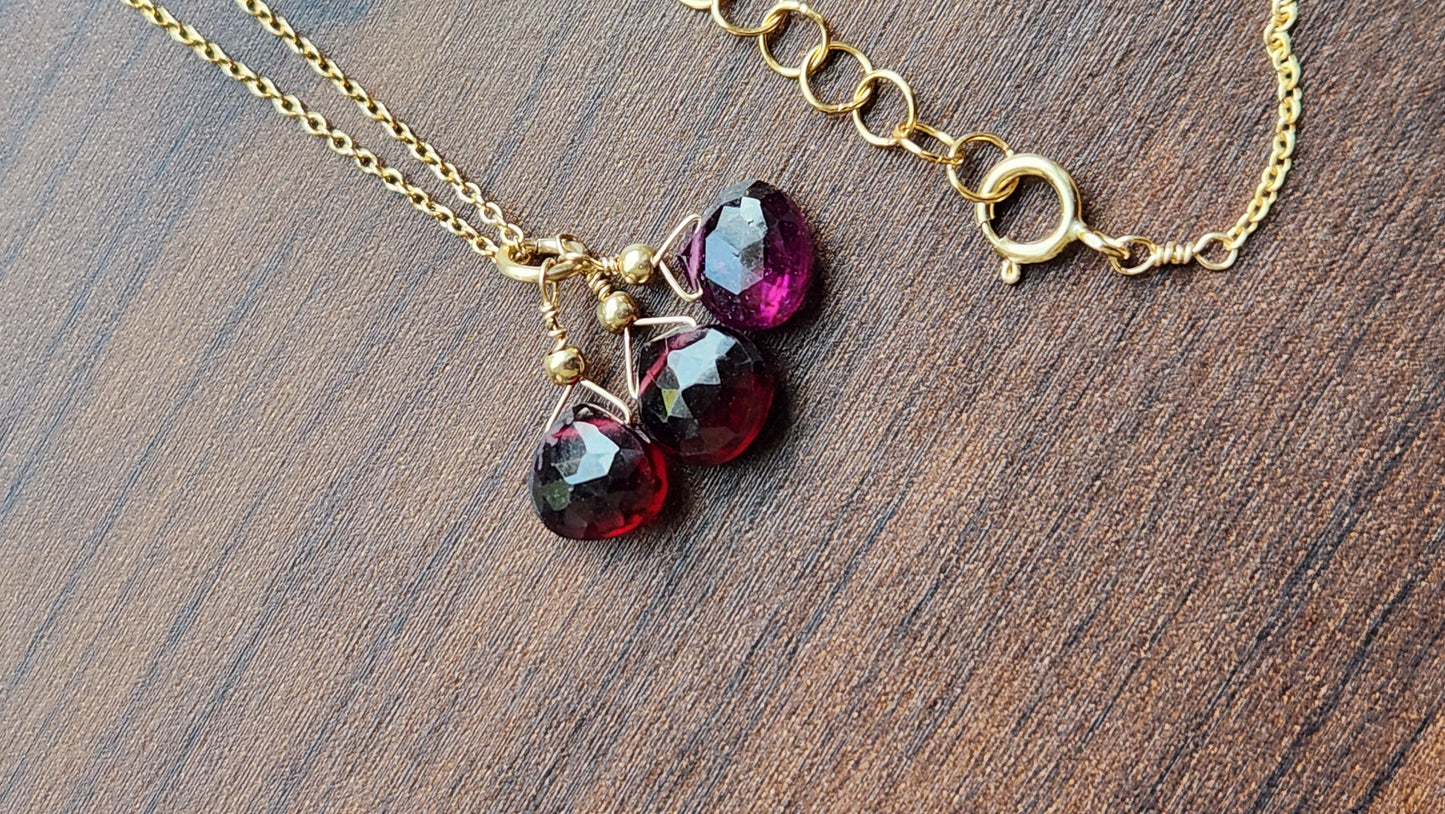 Garnet Trio Pendant 16" necklace 14k Gold Filled fine chain