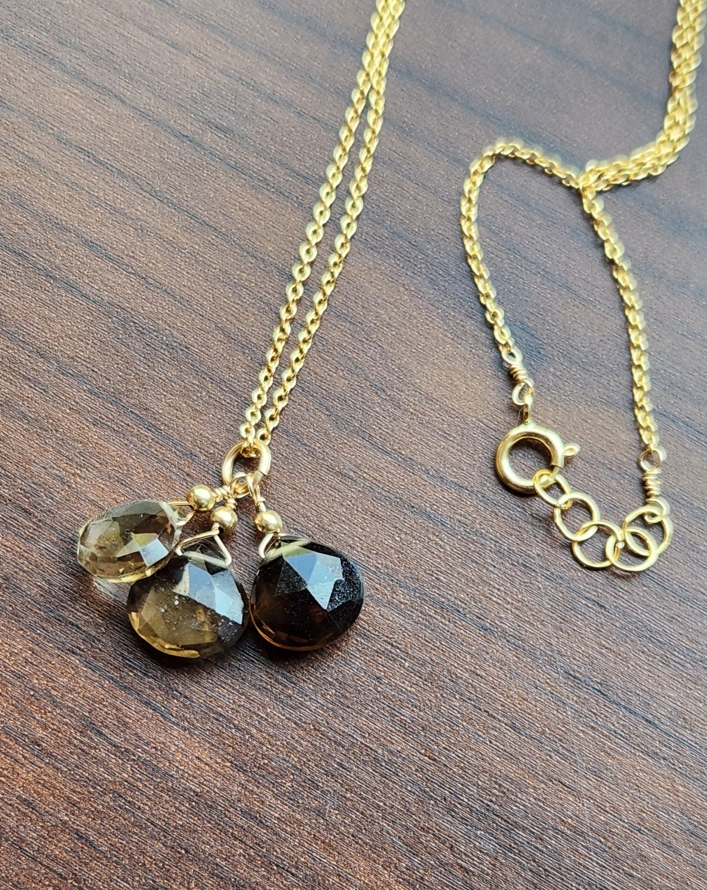 Smoky Quartz Trio Pendant 20" necklace 14k Gold Filled fine chain