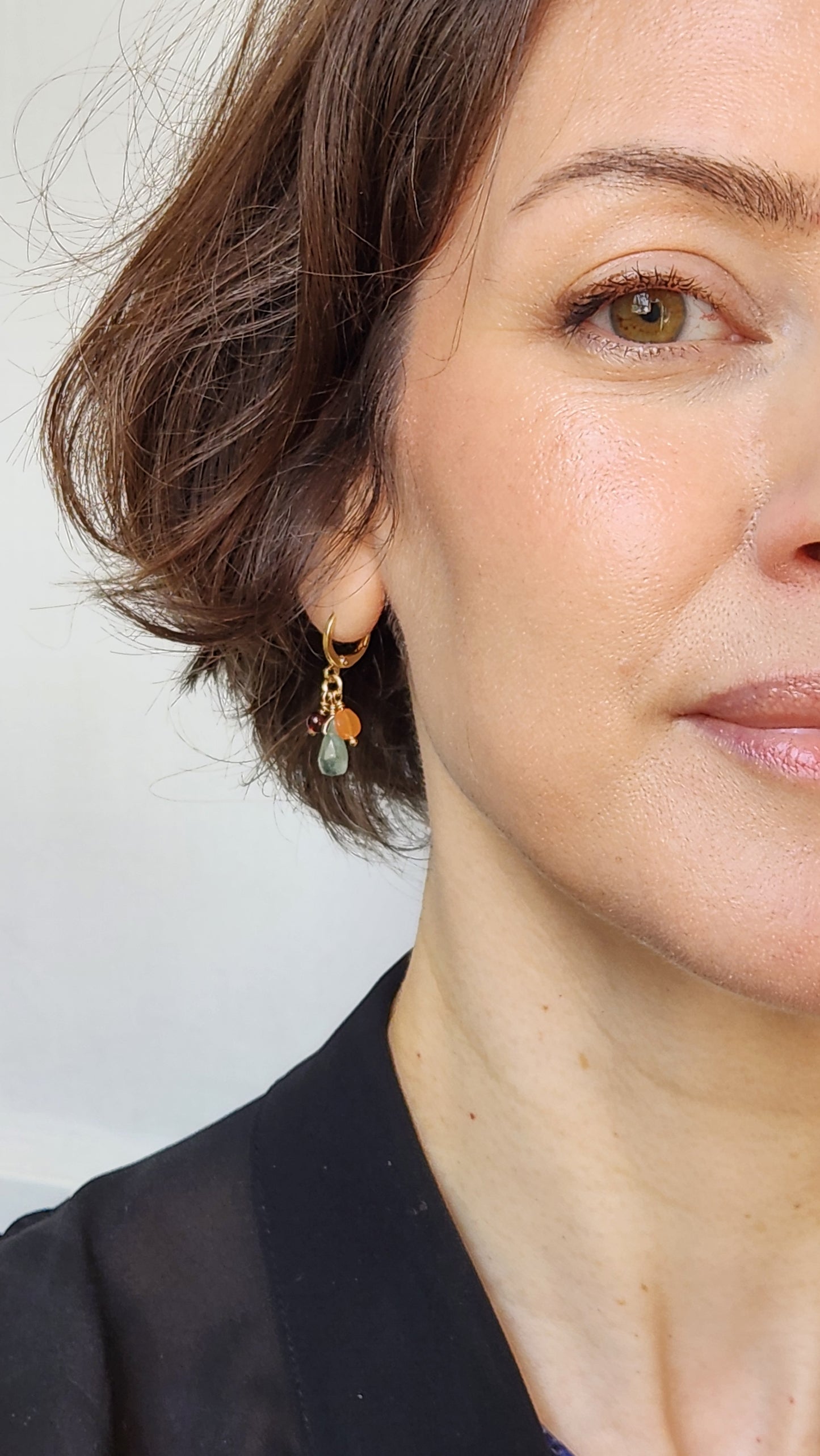 Handmade "Jubilee Trio" dangle earrings - Aquamarine Garnet Carnelian (1.25" long) 18k Gold plated ear clasps