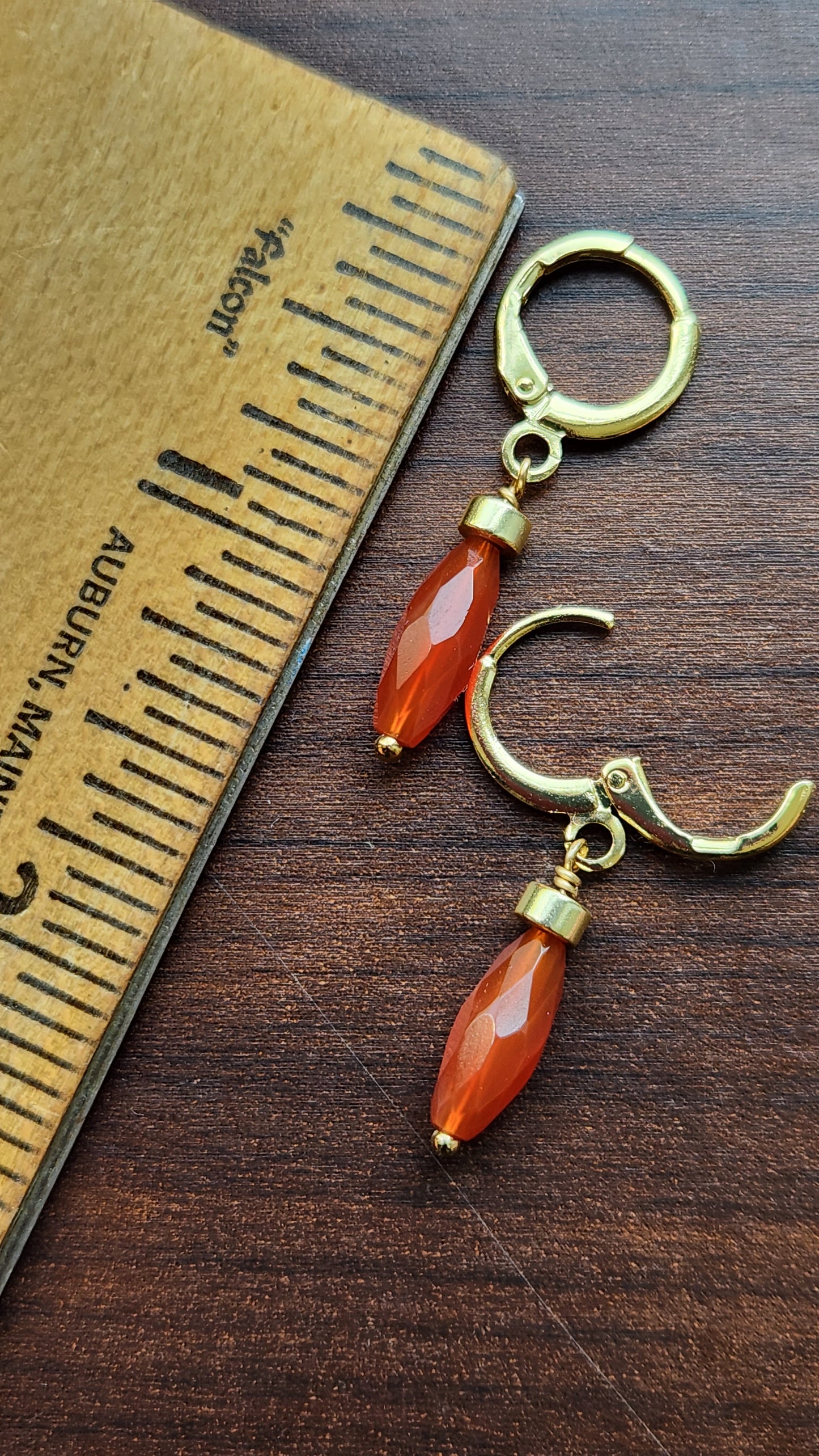 Handmade Red Carnelian dangle earrings (1.5" long) 18k Gold plated ear clasps