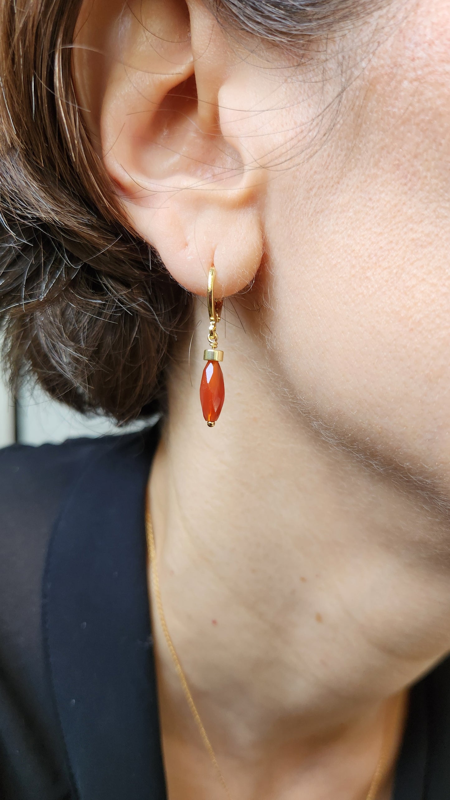 Handmade Red Carnelian dangle earrings (1.5" long) 18k Gold plated ear clasps