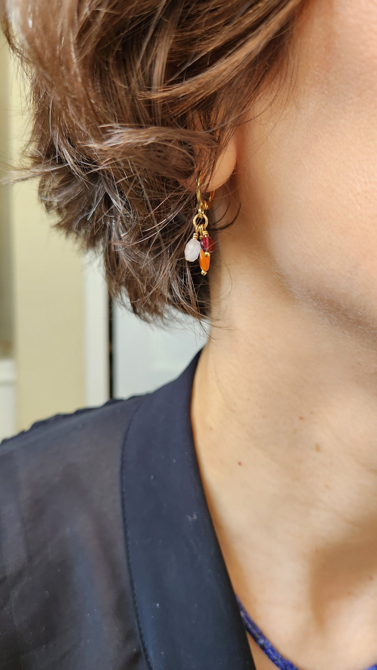 Handmade "Jubilee Trio" dangle earrings - Carnelian Garnet Rose Quartz (1.25" long) 18k Gold plated ear clasps