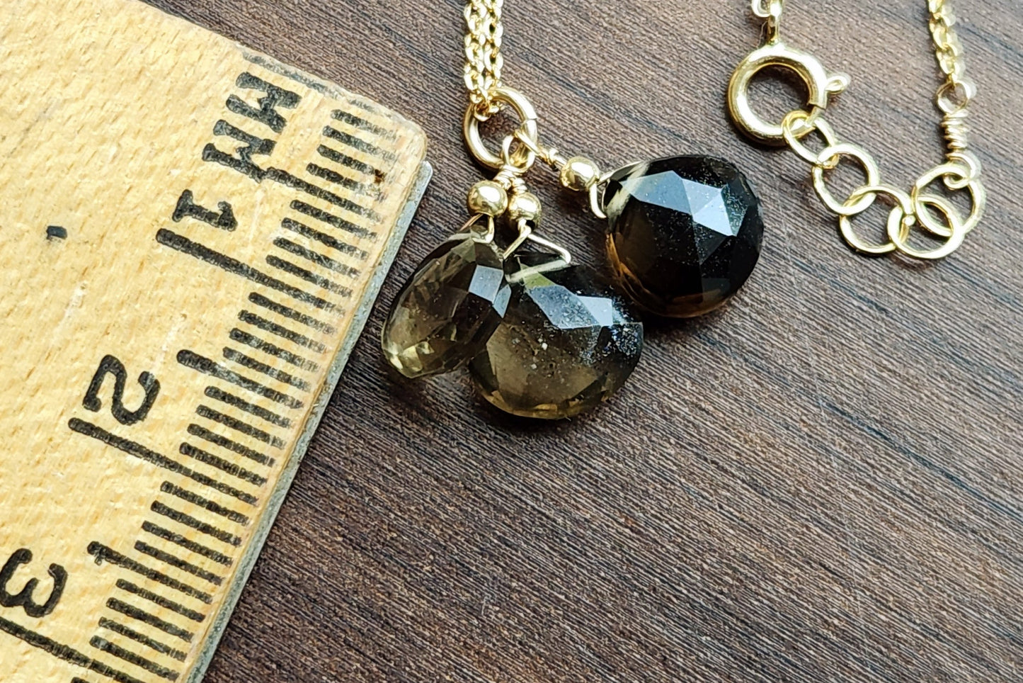 Smoky Quartz Trio Pendant 20" necklace 14k Gold Filled fine chain