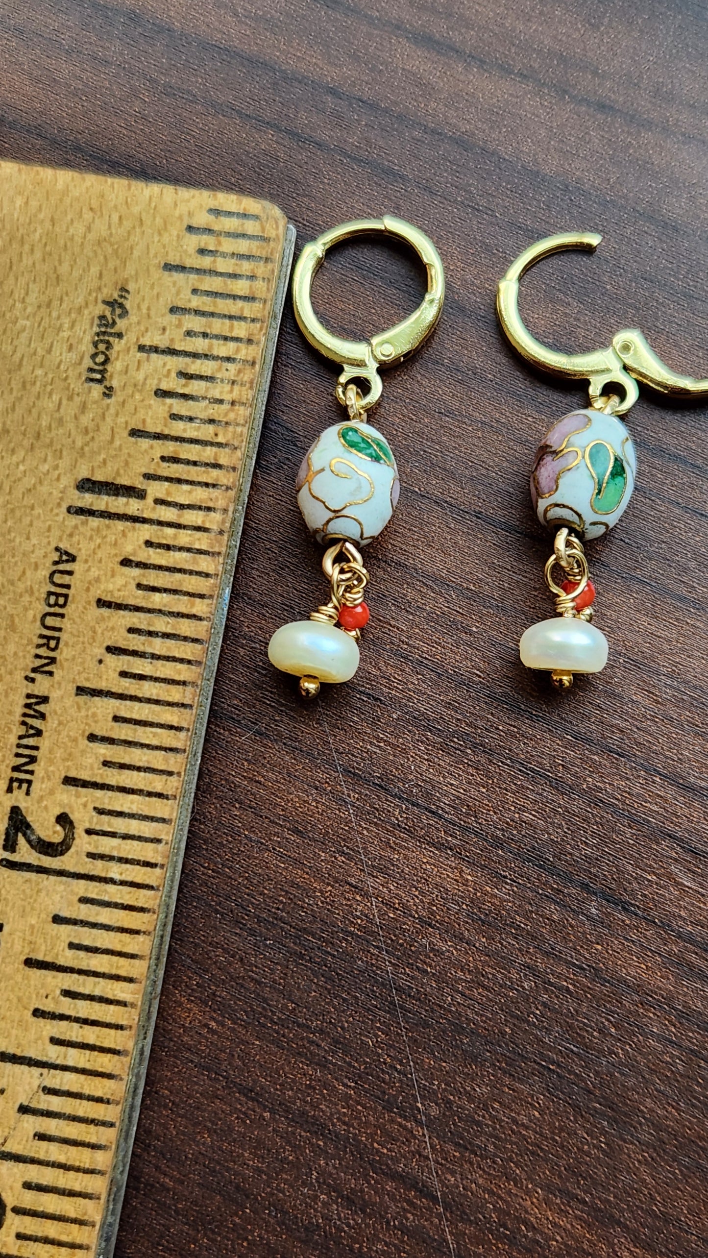 Handmade Cloisonné Coral and Pearl dangle earrings (1.25" long) 18k Gold plated ear clasps