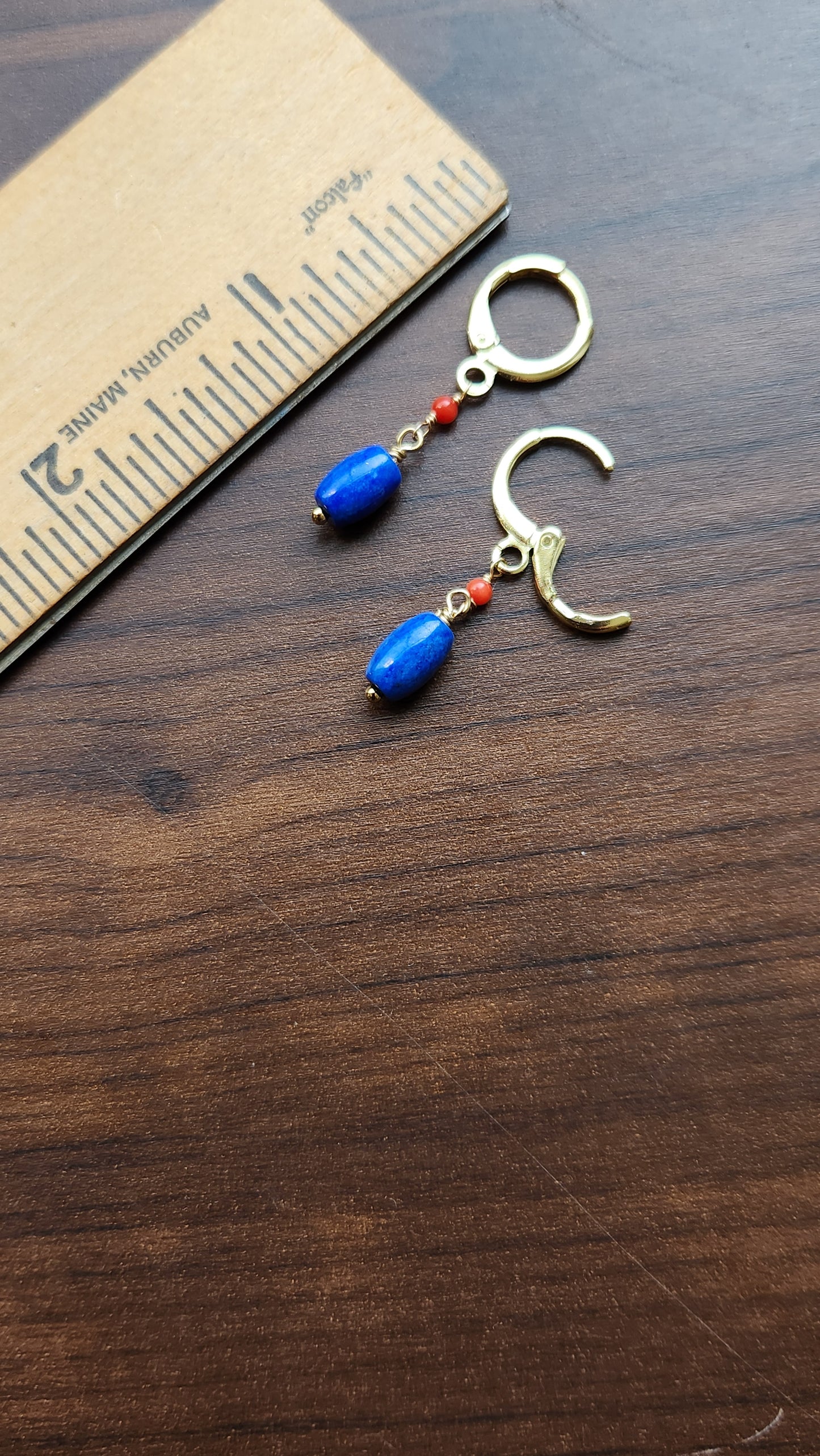 Handmade Blue Lapis and Coral dangle earrings (1.5" long) 18k Gold plated ear clasps