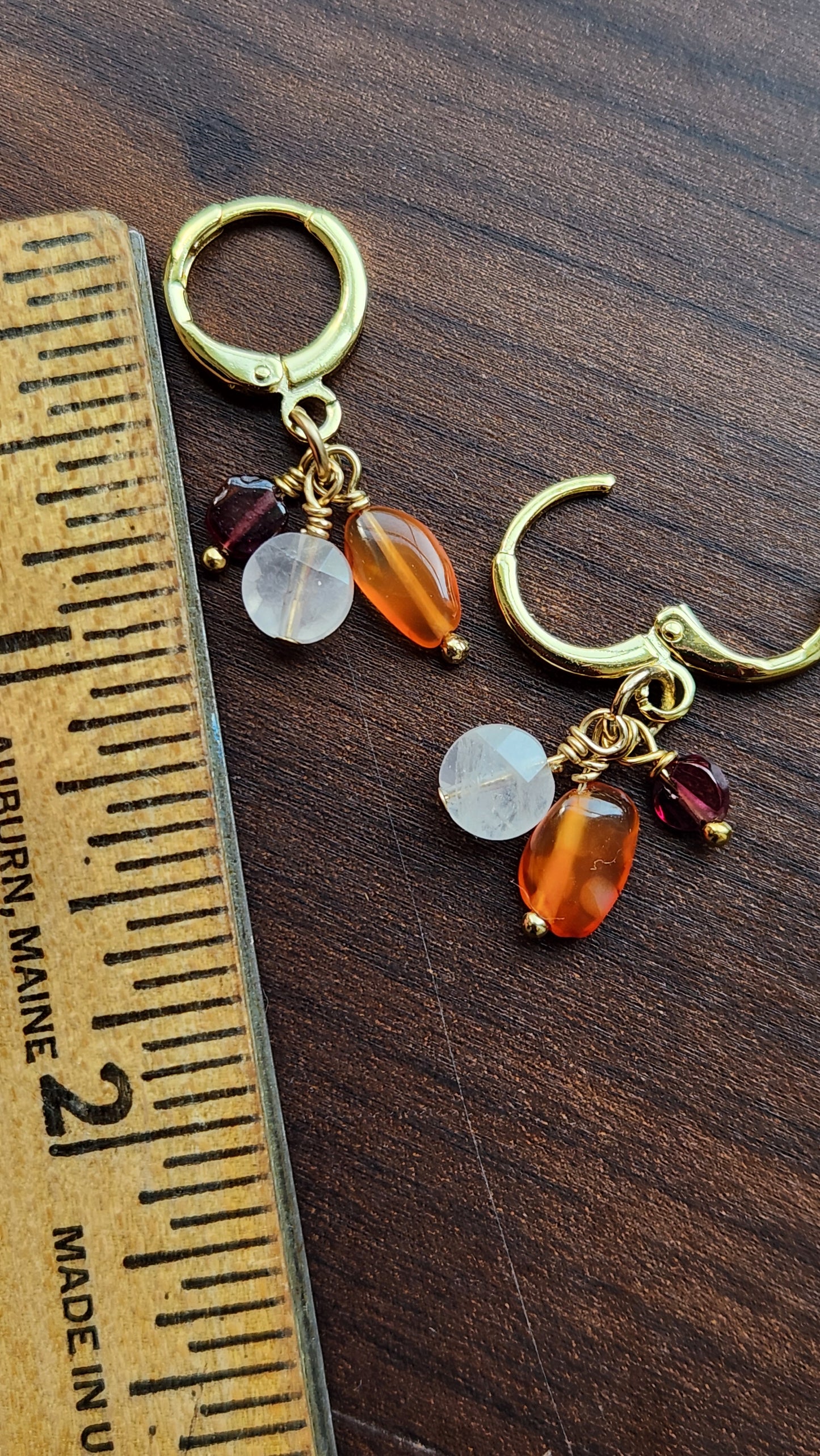 Handmade "Jubilee Trio" dangle earrings - Carnelian Garnet Rose Quartz (1.25" long) 18k Gold plated ear clasps