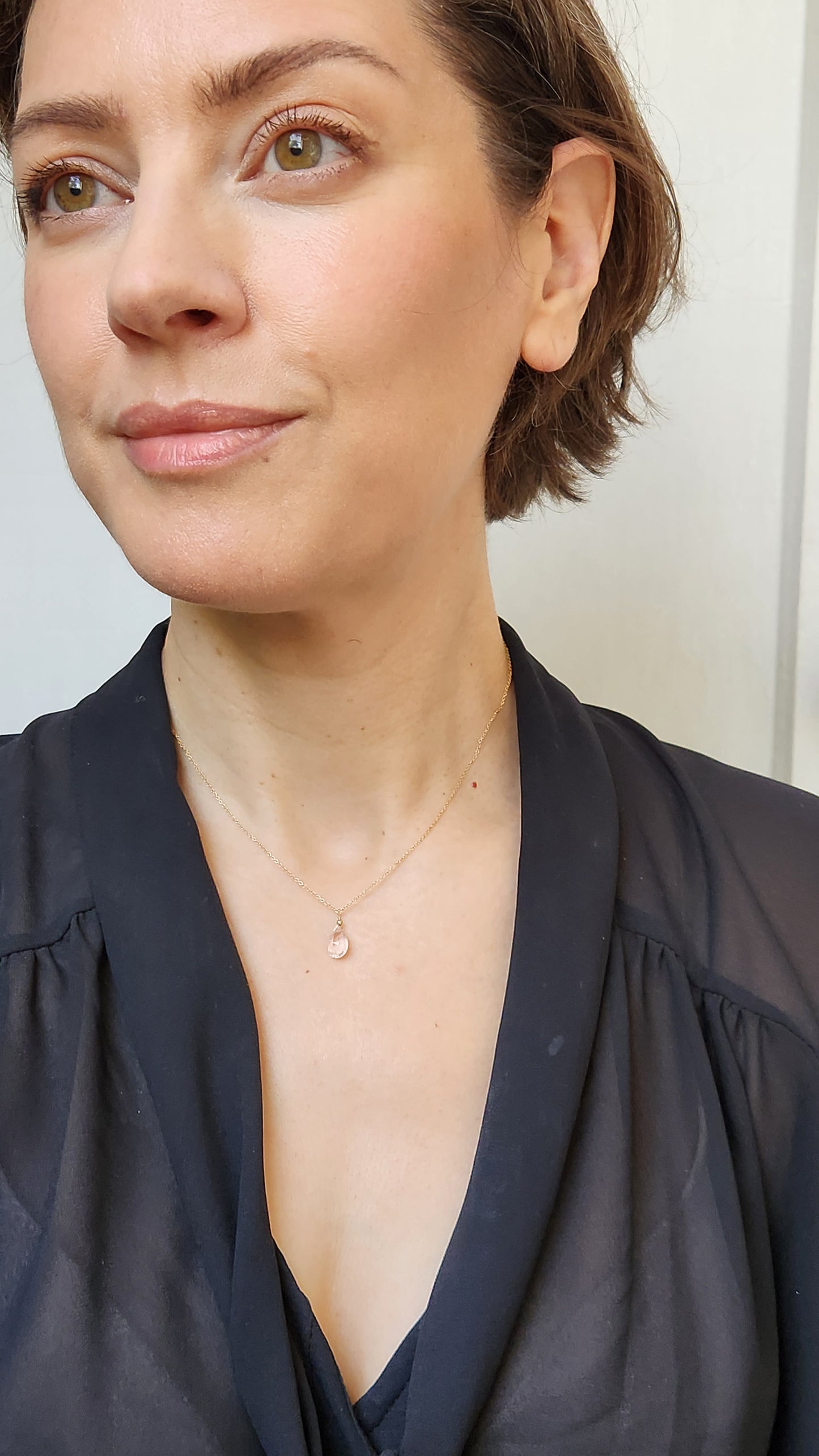 Pink Topaz Solo Teardrop Pendant 16" necklace 14k Gold Filled fine chain