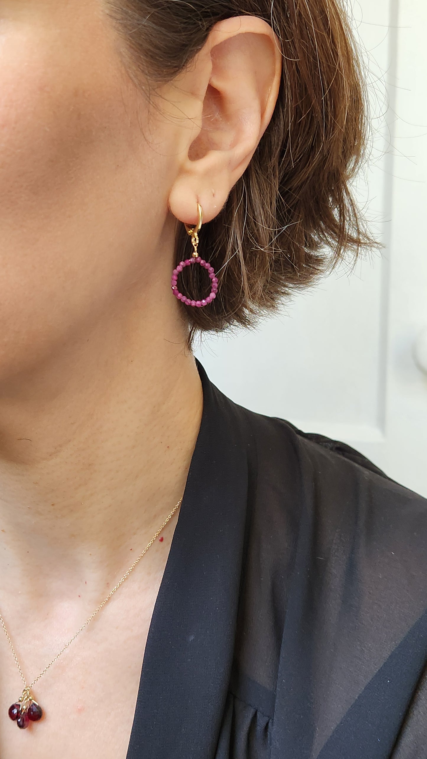 Handmade Ruby Circle dangle earrings (1.25" long) 18k Gold plated ear clasps