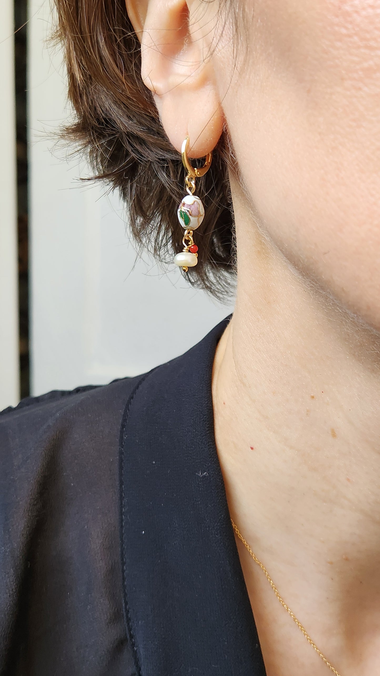 Handmade Cloisonné Coral and Pearl dangle earrings (1.25" long) 18k Gold plated ear clasps