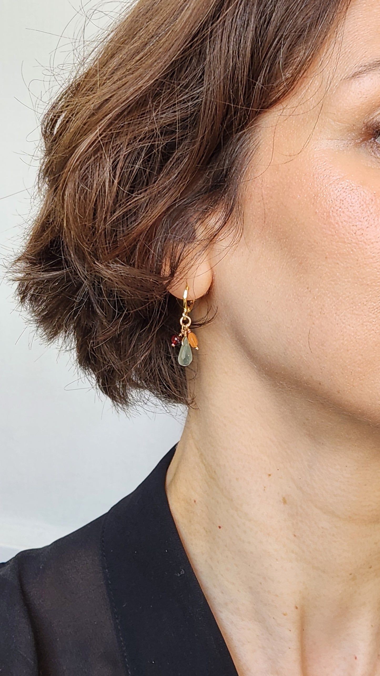 Handmade "Jubilee Trio" dangle earrings - Aquamarine Garnet Carnelian (1.25" long) 18k Gold plated ear clasps