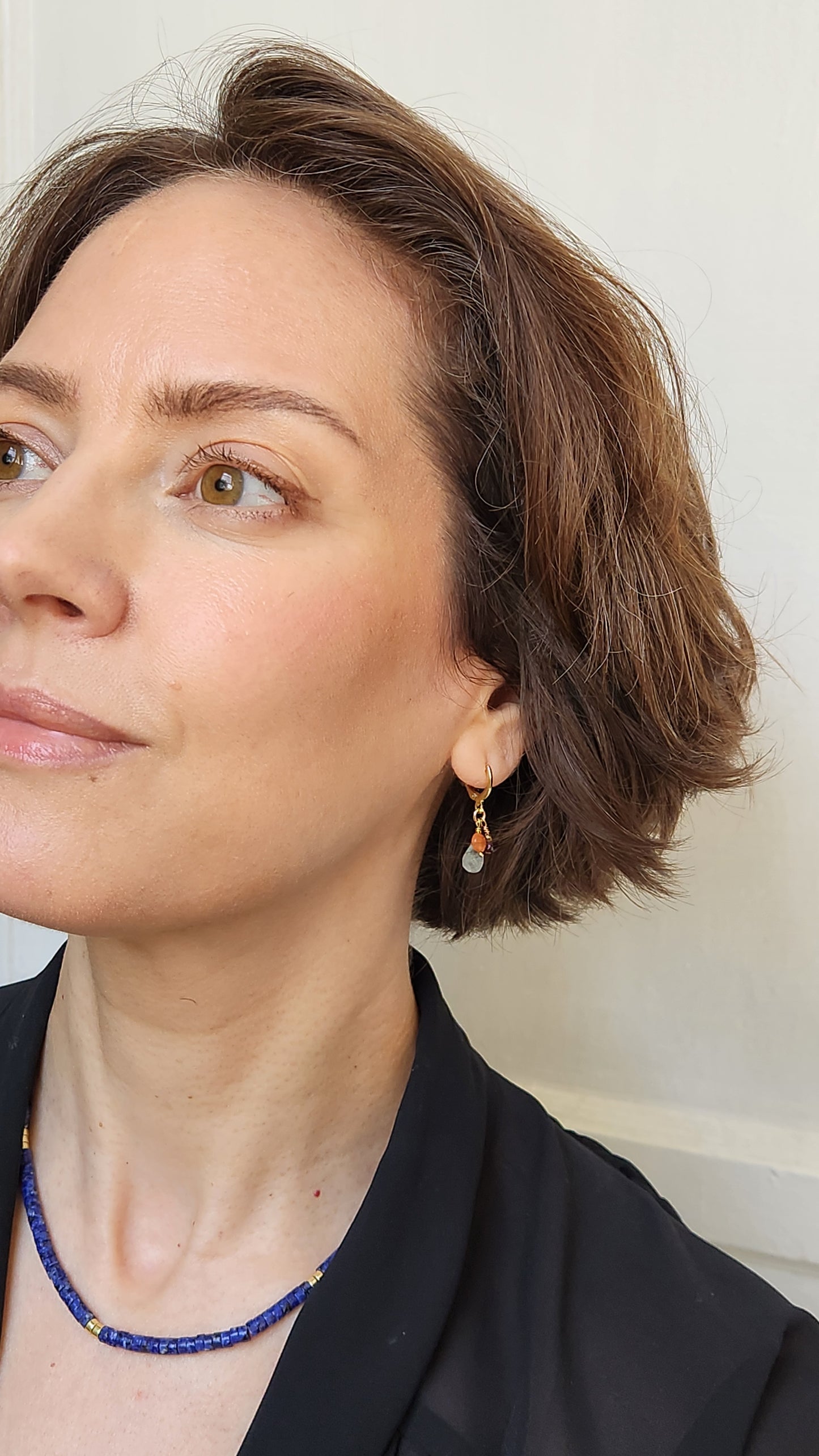 Handmade "Jubilee Trio" dangle earrings - Aquamarine Garnet Carnelian (1.25" long) 18k Gold plated ear clasps