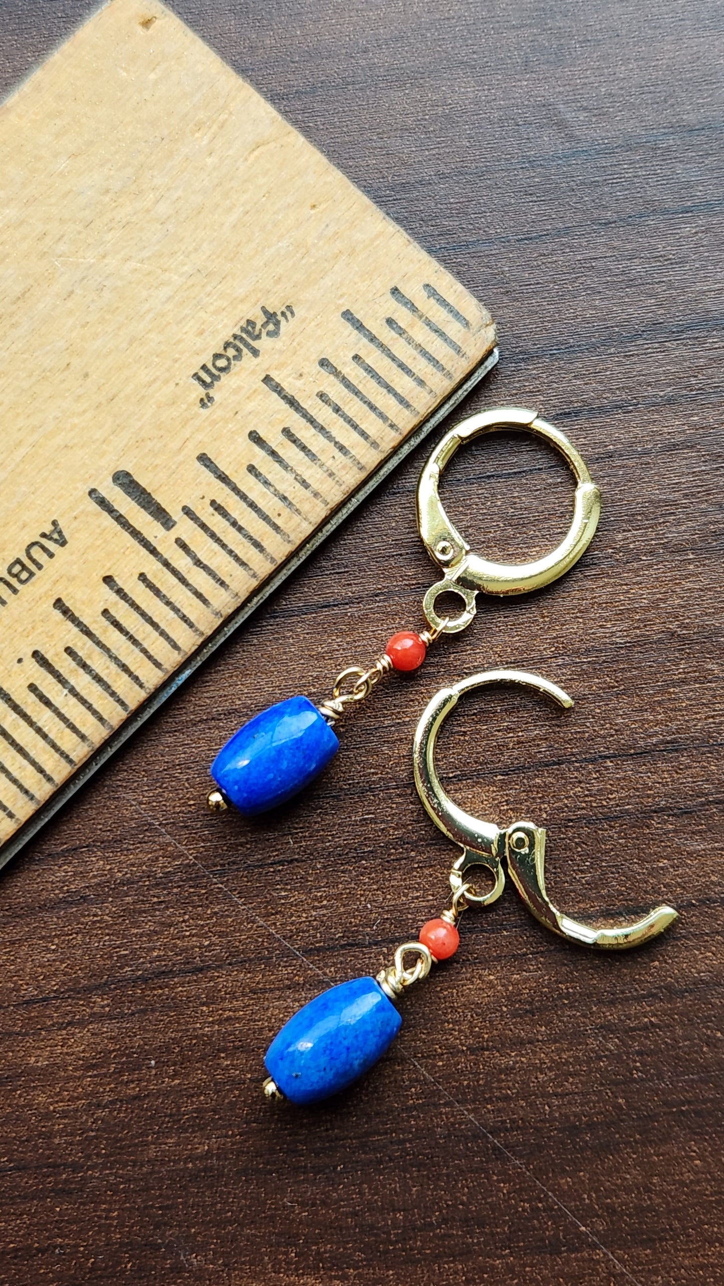Handmade Blue Lapis and Coral dangle earrings (1.5" long) 18k Gold plated ear clasps