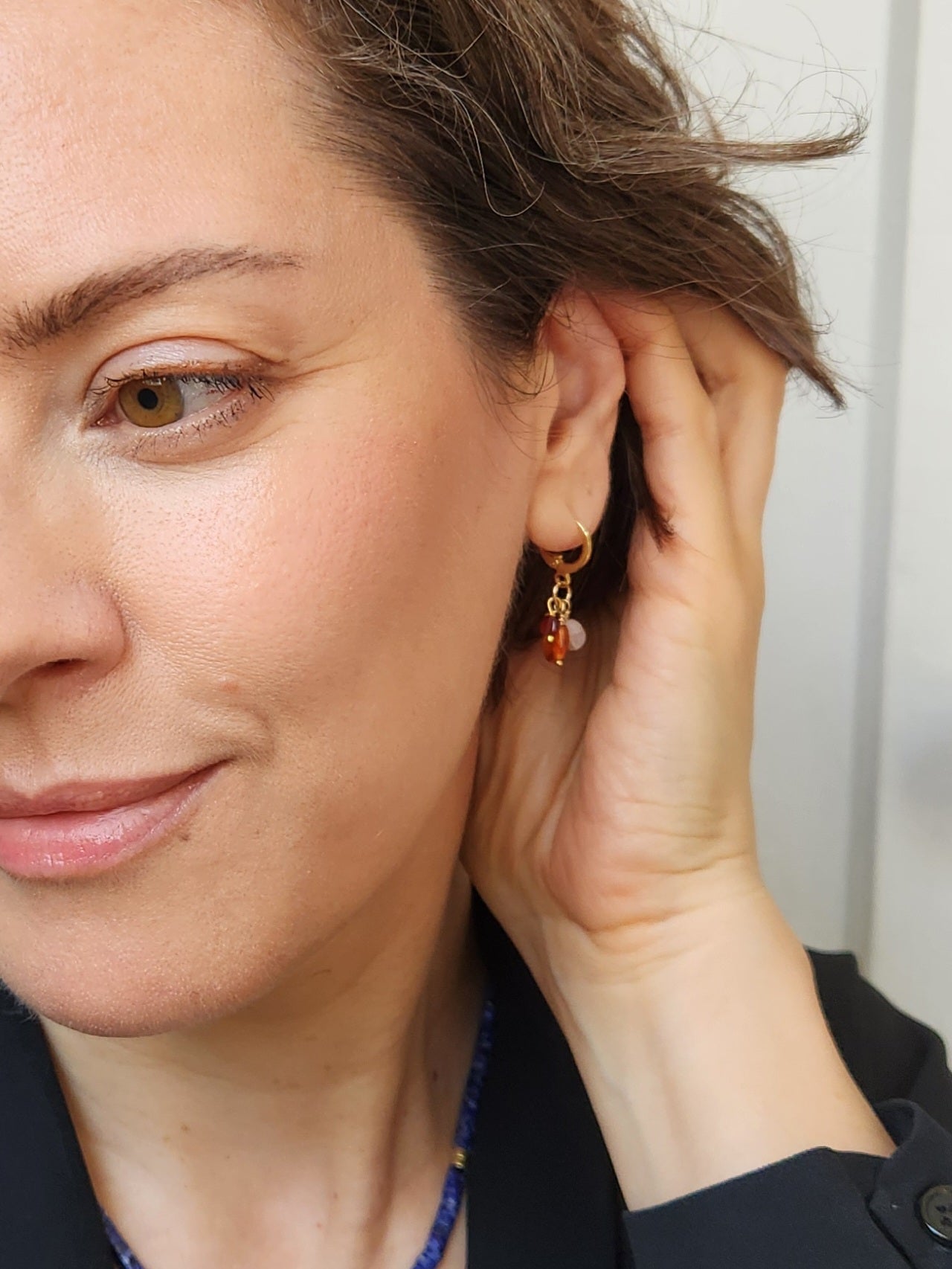 Handmade "Jubilee Trio" dangle earrings - Carnelian Garnet Rose Quartz (1.25" long) 18k Gold plated ear clasps