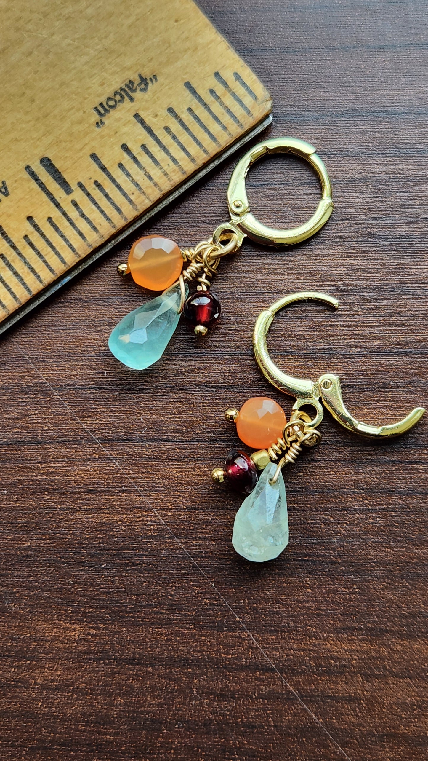 Handmade "Jubilee Trio" dangle earrings - Aquamarine Garnet Carnelian (1.25" long) 18k Gold plated ear clasps