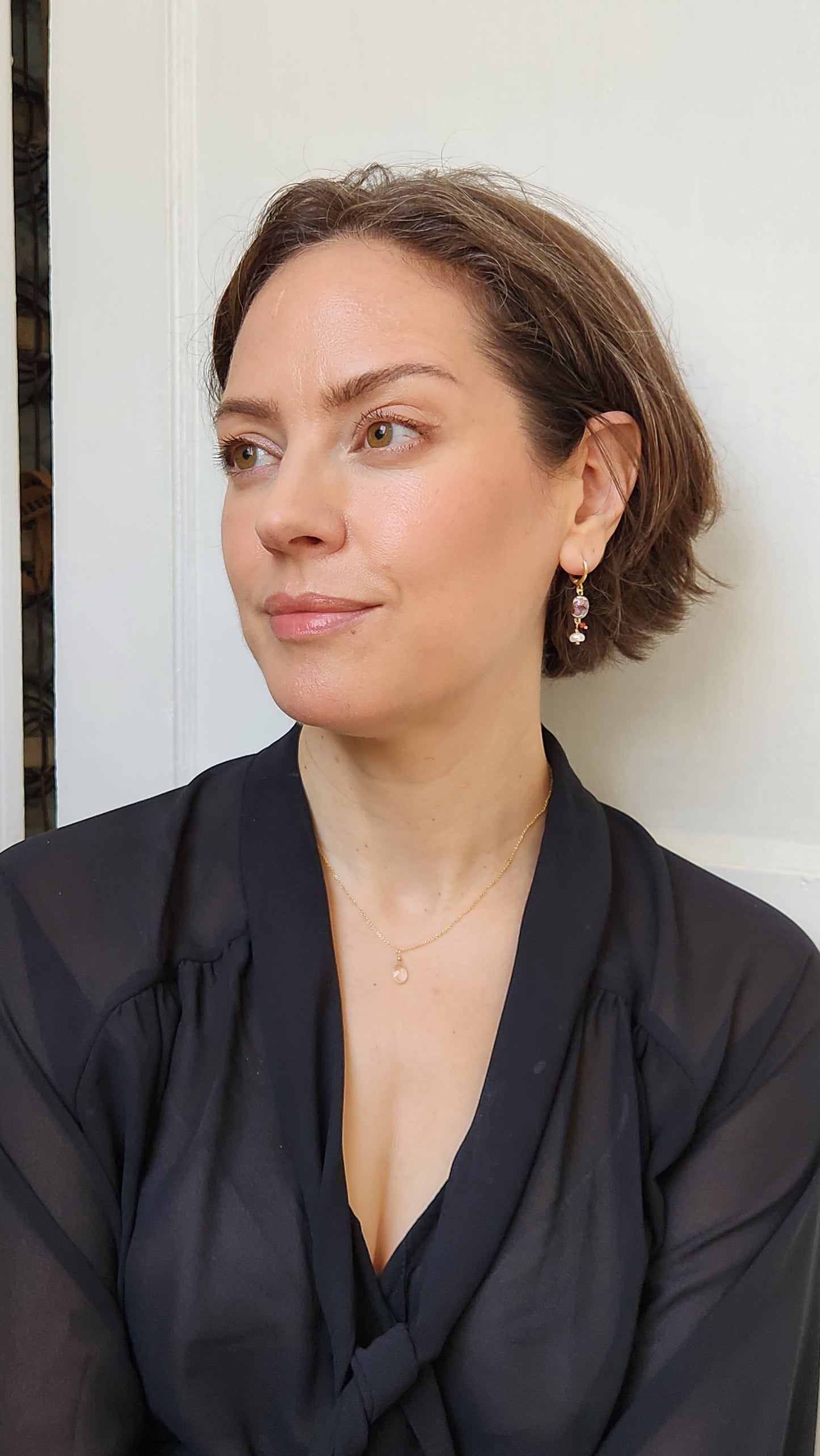 Handmade Cloisonné Coral and Pearl dangle earrings (1.25" long) 18k Gold plated ear clasps