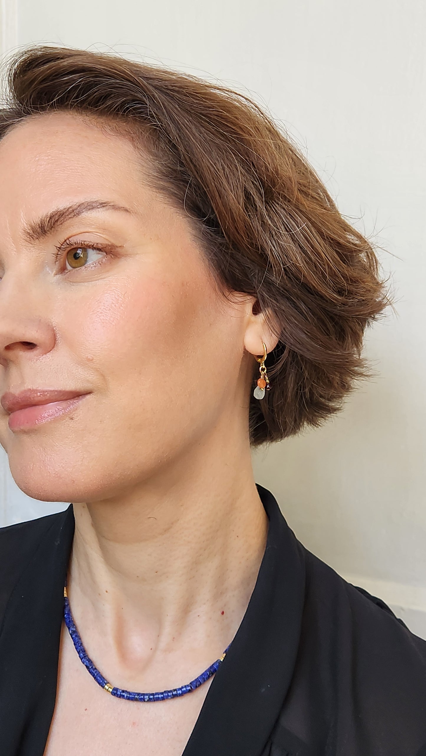 Handmade "Jubilee Trio" dangle earrings - Aquamarine Garnet Carnelian (1.25" long) 18k Gold plated ear clasps