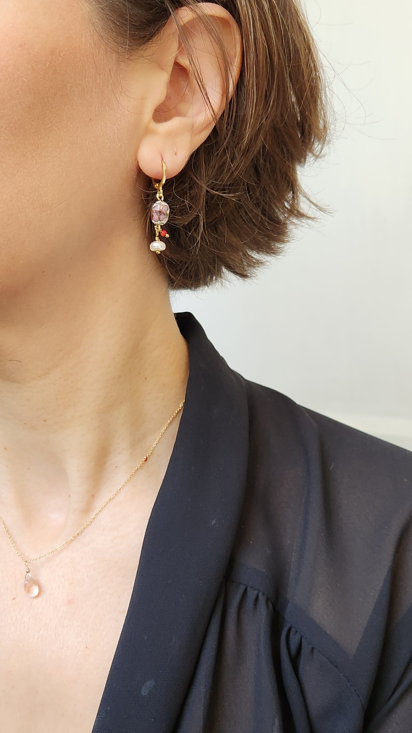 Handmade Cloisonné Coral and Pearl dangle earrings (1.25" long) 18k Gold plated ear clasps