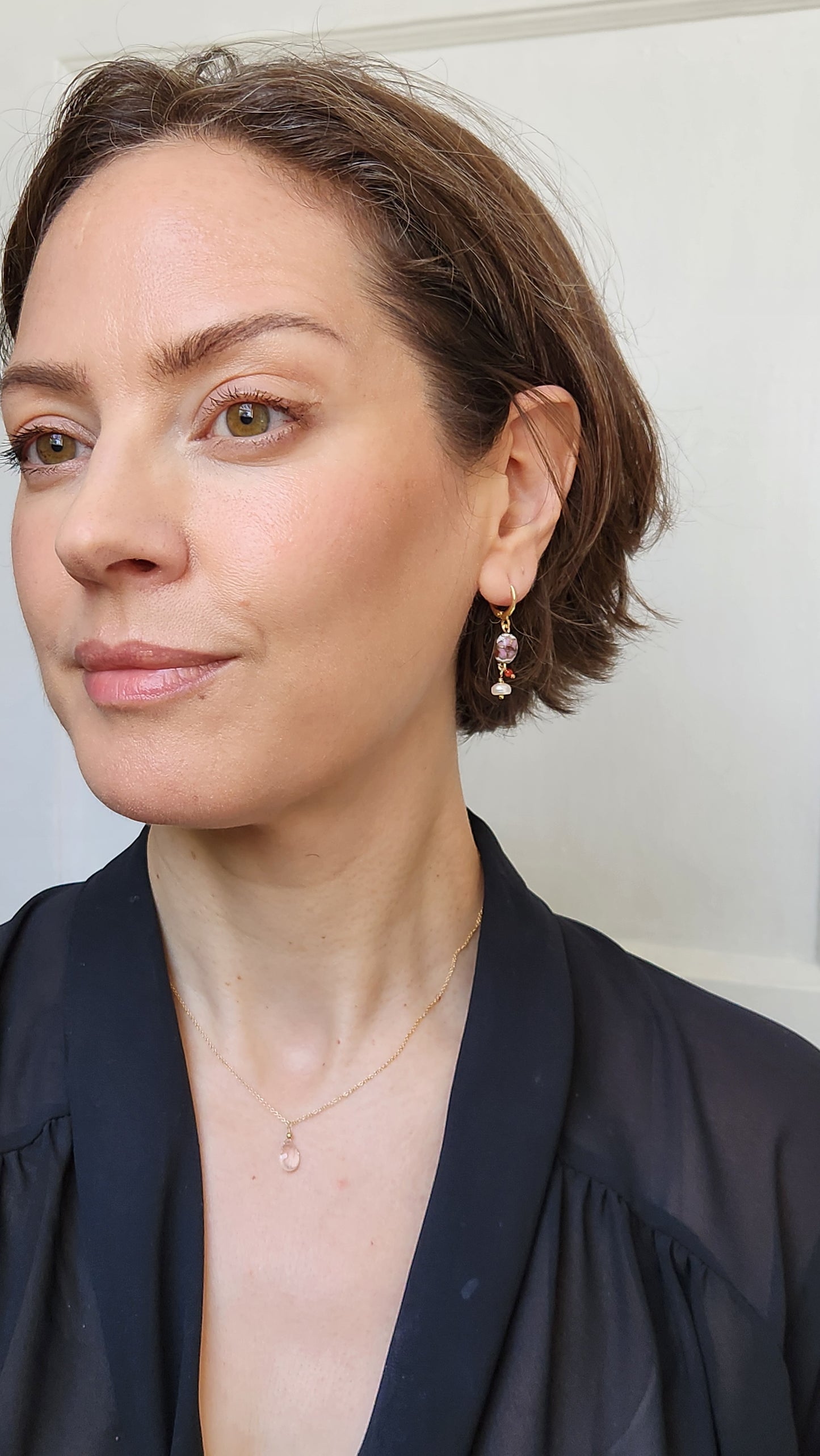 Handmade Cloisonné Coral and Pearl dangle earrings (1.25" long) 18k Gold plated ear clasps